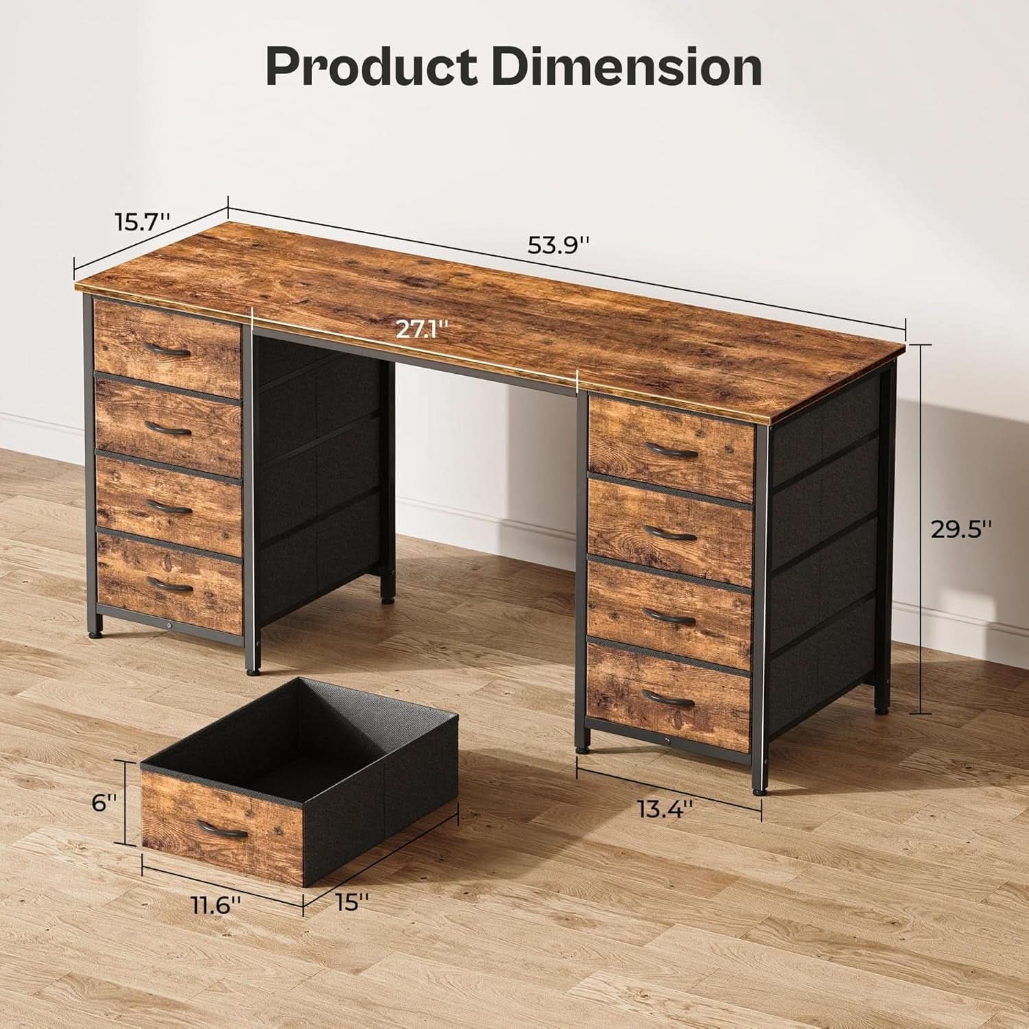 55 Inch Computer Desk With 8 Fabric Drawers Rustic Brown
