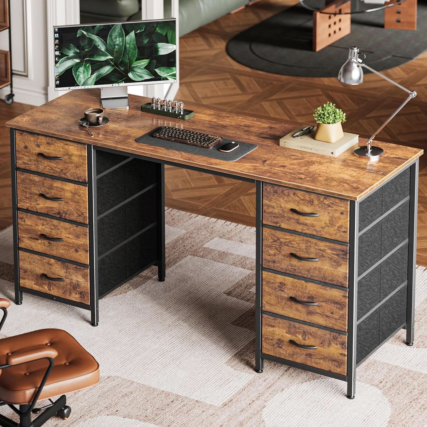 55 Inch Computer Desk With 8 Fabric Drawers Rustic Brown
