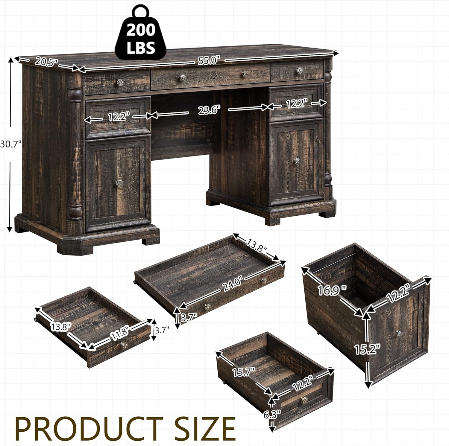 55 Inch Dark Reclaimed Oak Wood Executive Desk With 7 Drawers