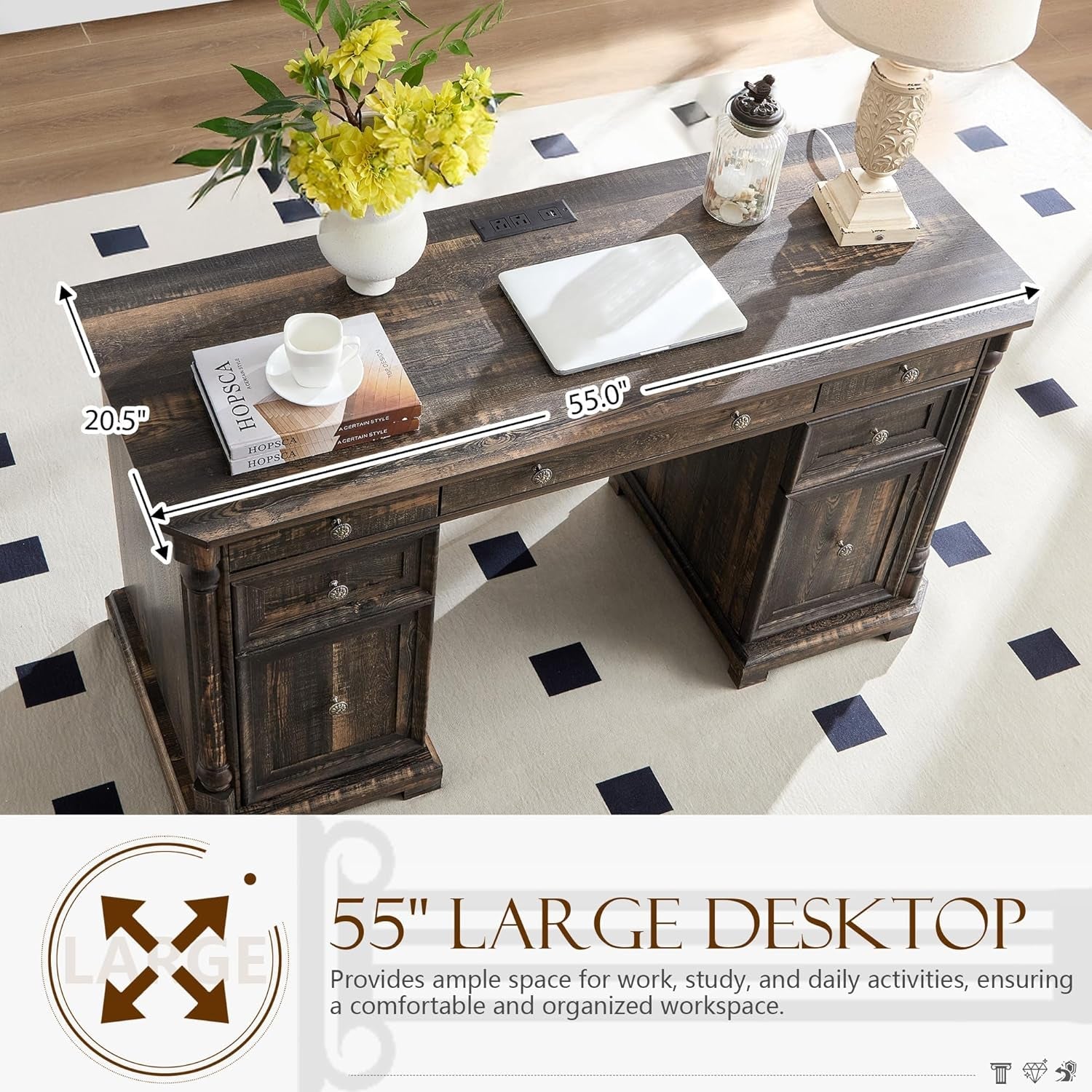 55 Inch Dark Reclaimed Oak Wood Executive Desk With 7 Drawers