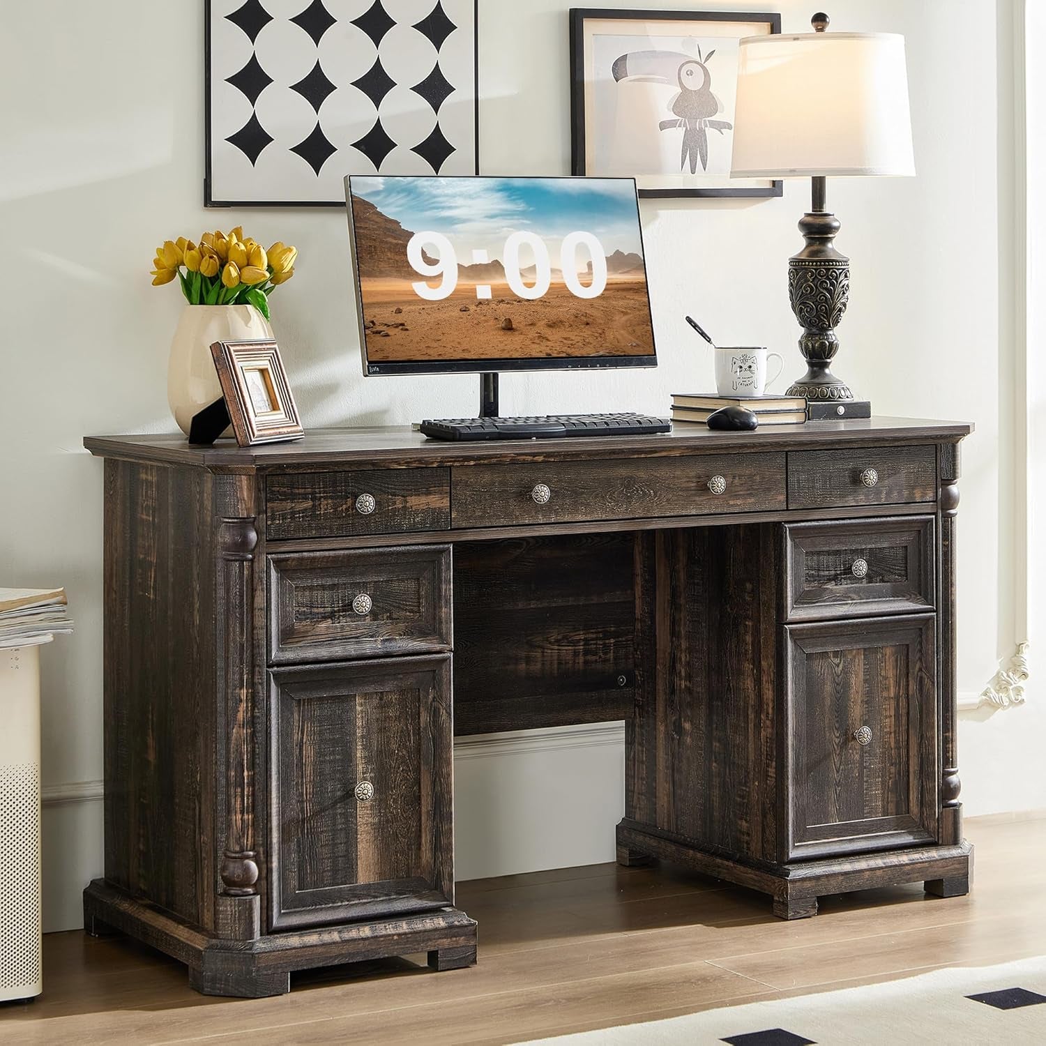 55 Inch Dark Reclaimed Oak Wood Executive Desk With 7 Drawers