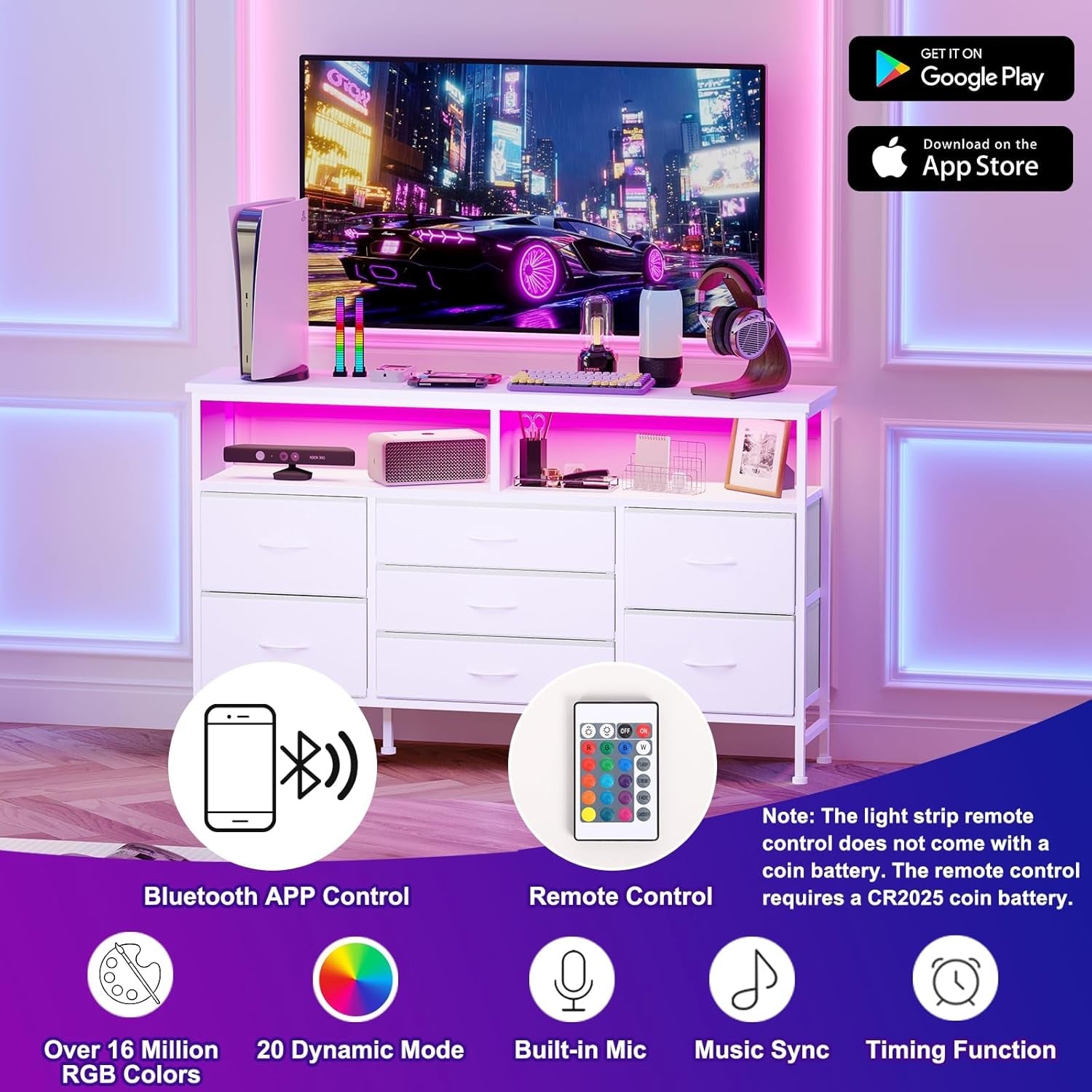 55 Inch Dresser TV Stand With Power Outlets And LED Lights