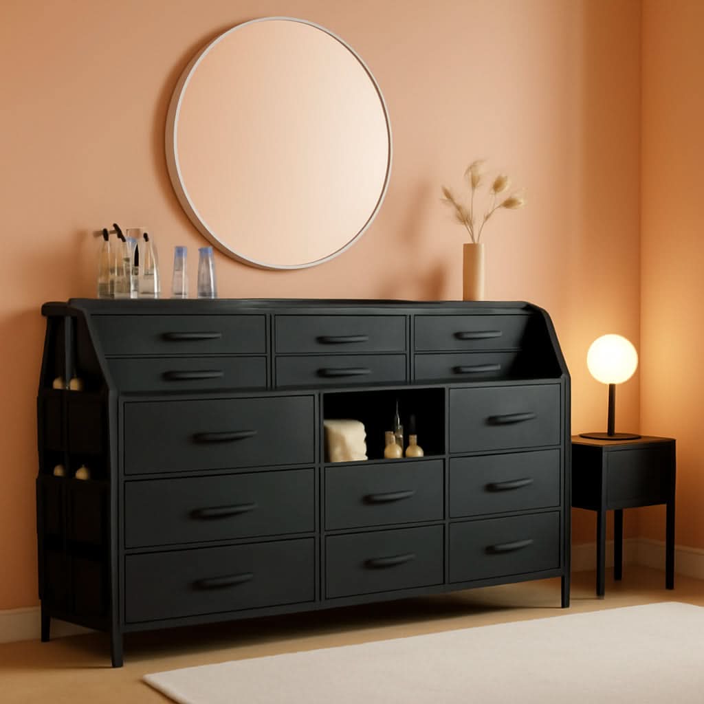 55 Inch Dresser With Fourteen Drawers Shelves Steel Frame