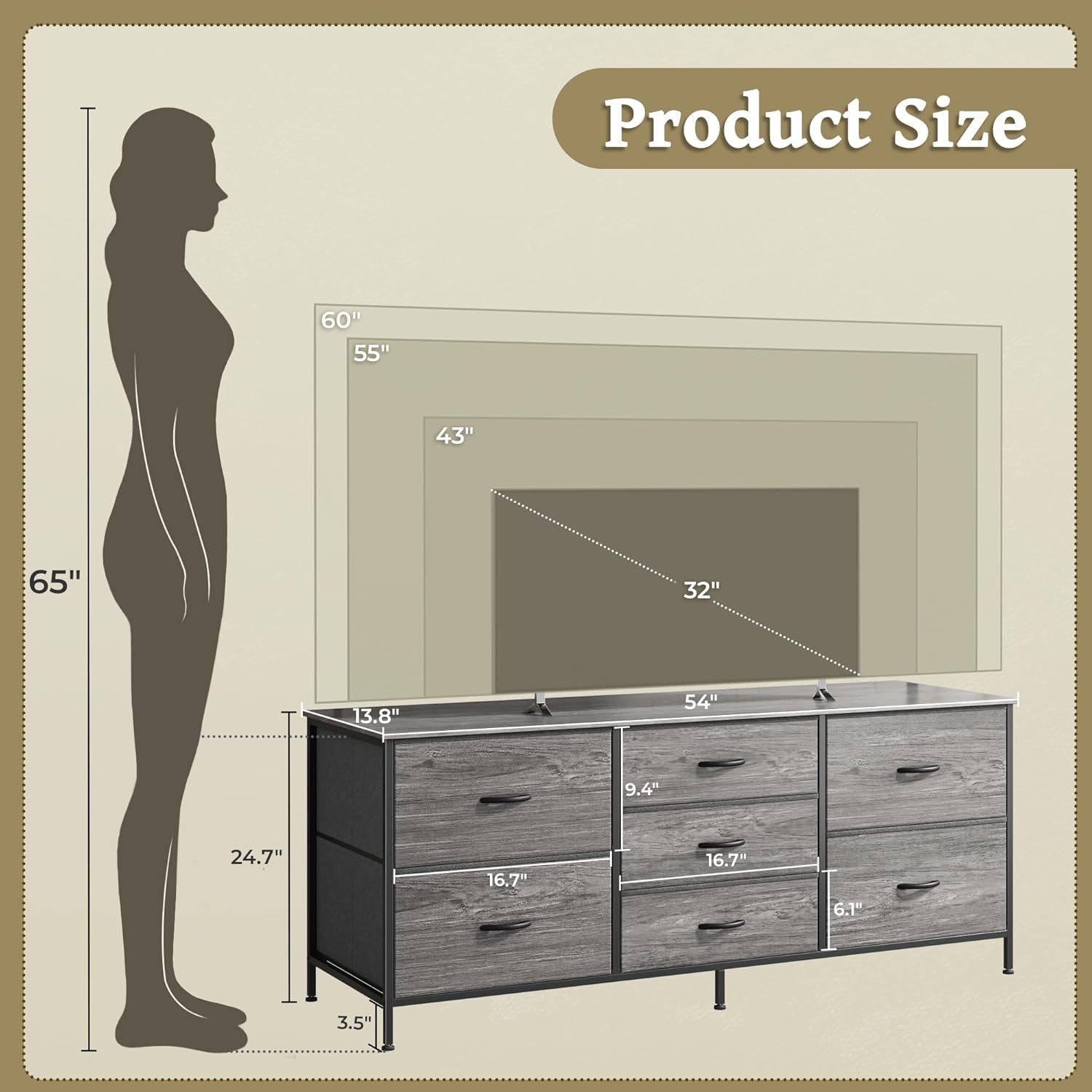 55 Inch Dresser With TV Stand, Grey Fabric Drawers