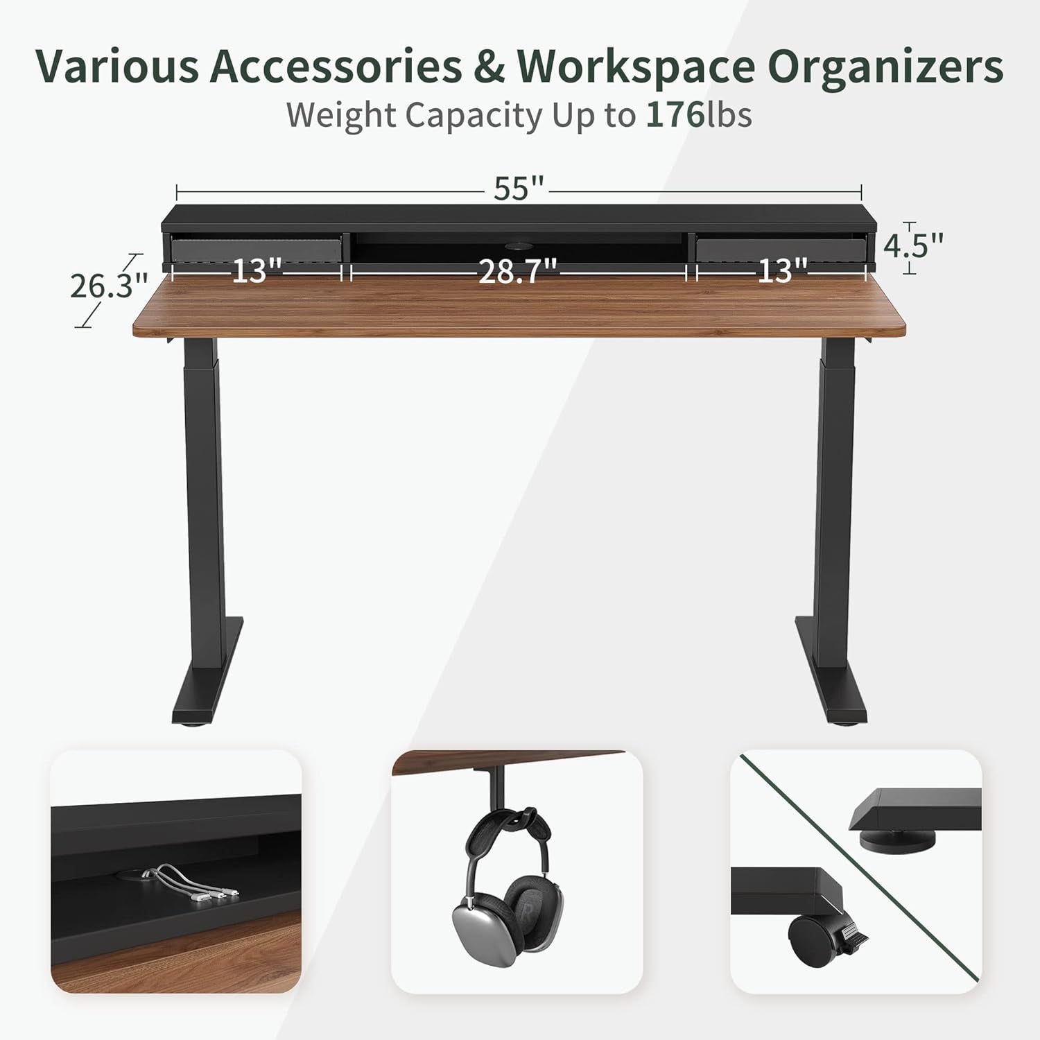 55 Inch Electric Standing Desk With Double Drawers Black Walnut
