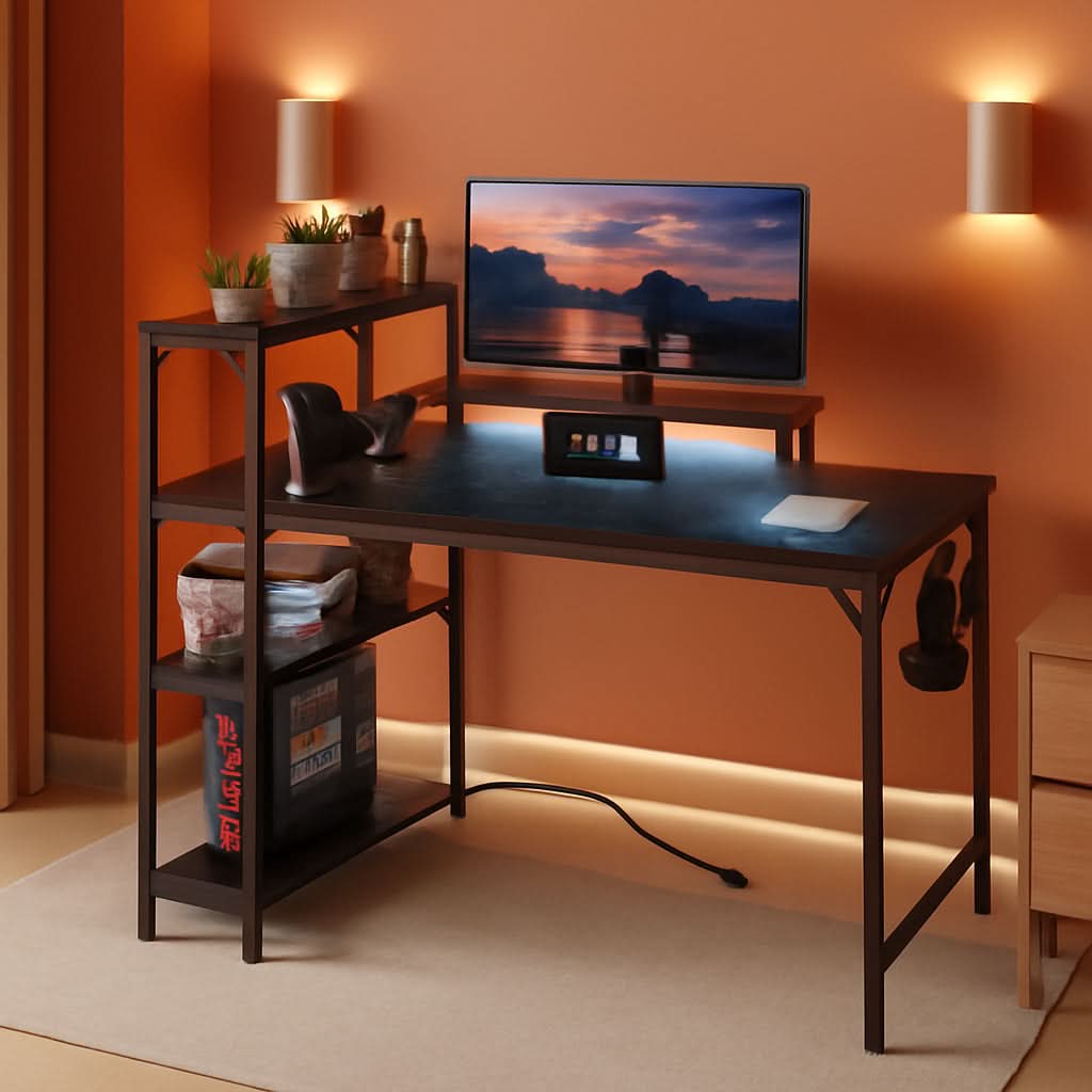 55 Inch Gaming Desk With LED Lights And Shelves
