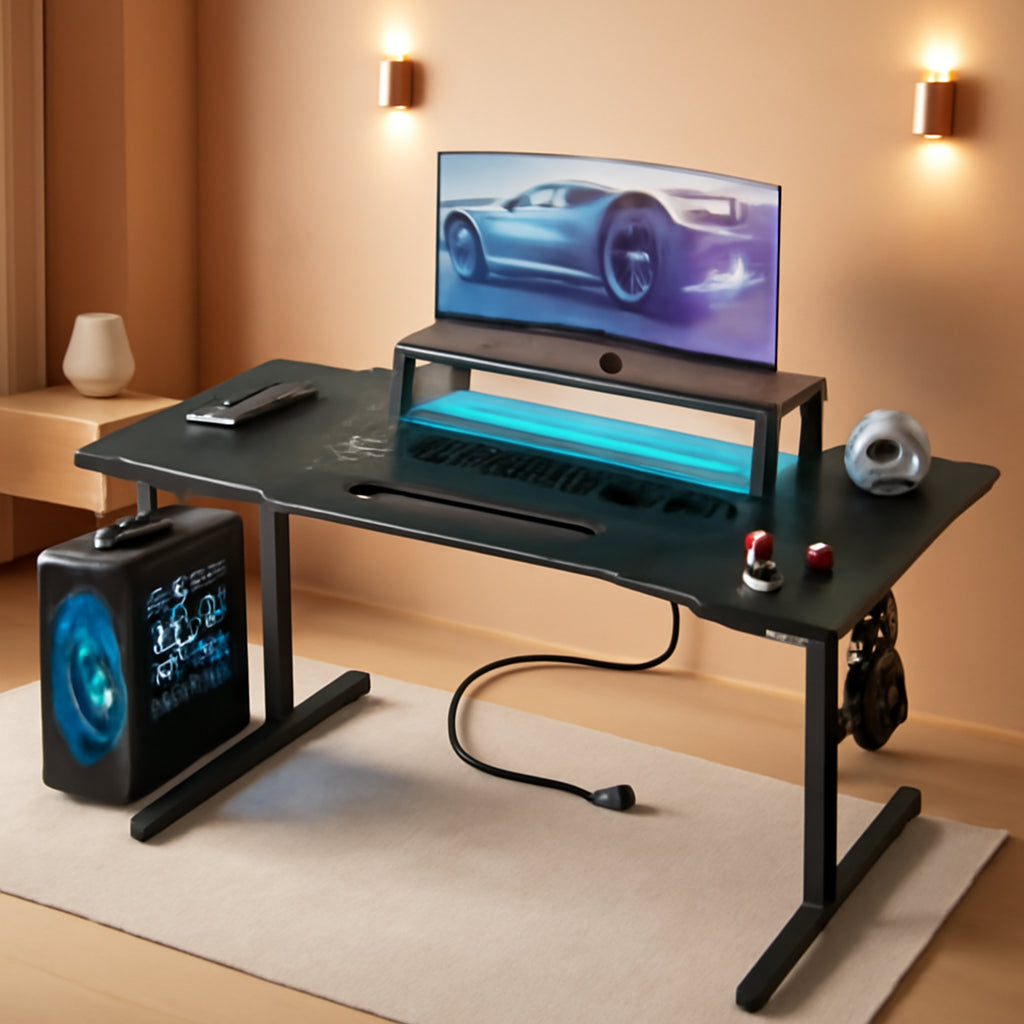 55 Inch Gaming Desk With LED Lights For Gaming Setup