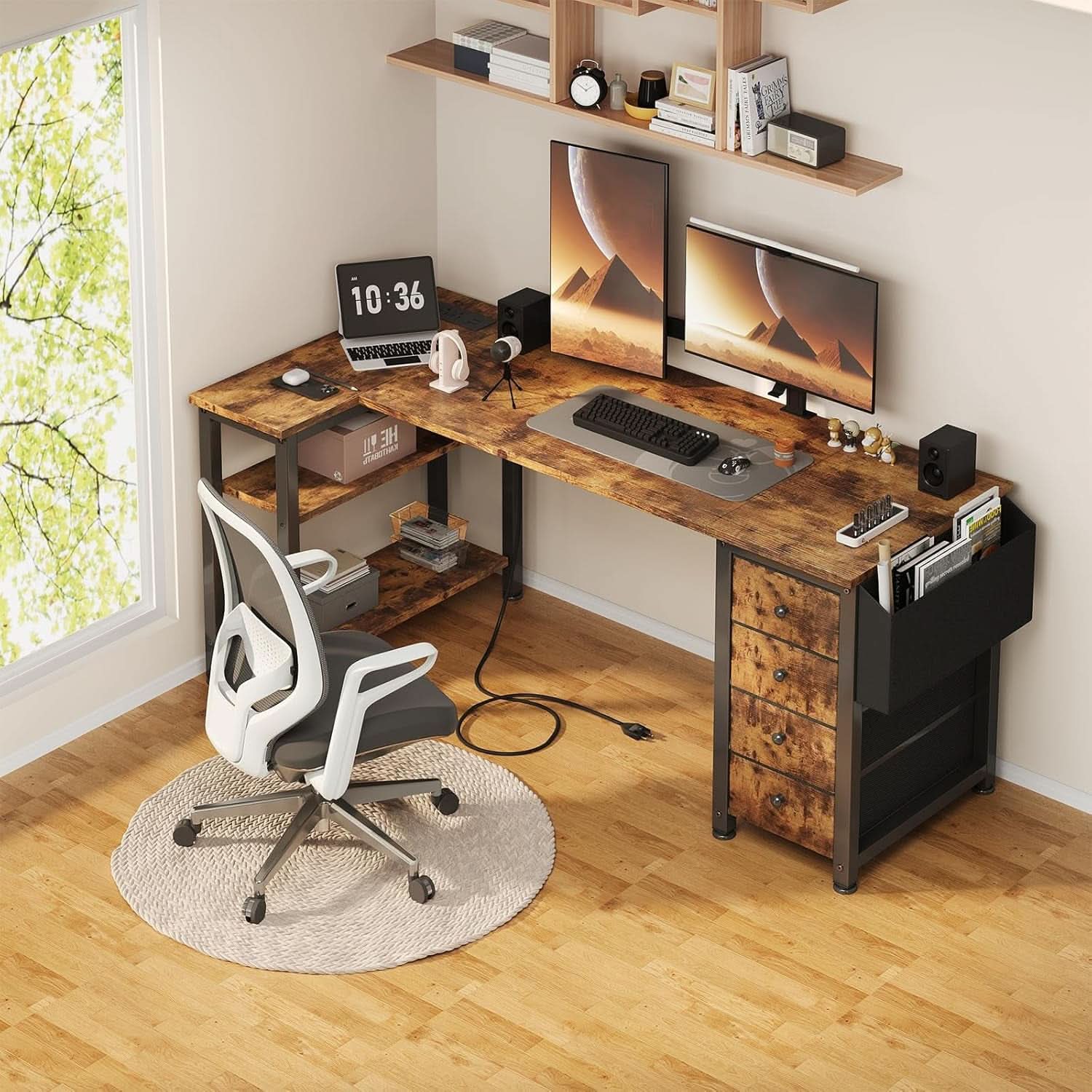 55 Inch L Shaped Computer Desk With Outlet For Home Office