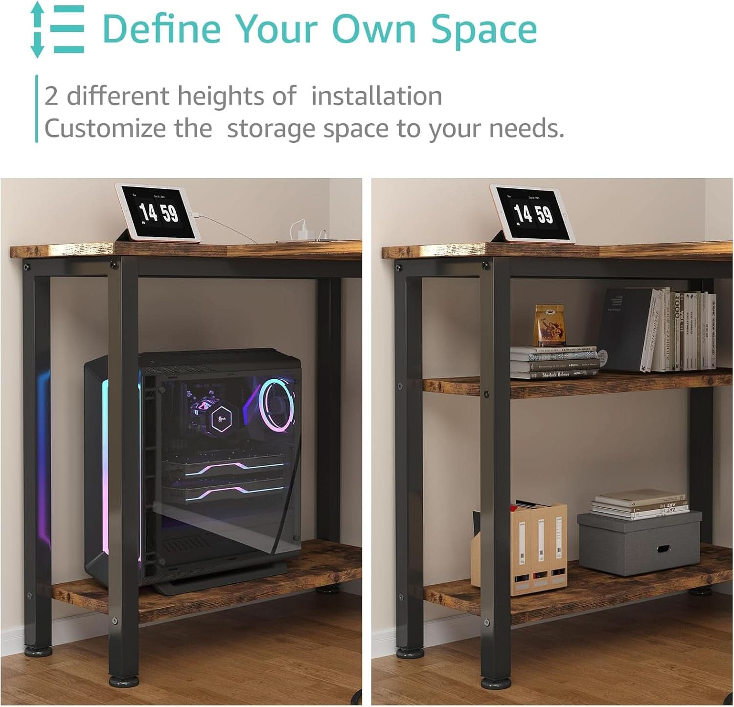 55 Inch L Shaped Computer Desk With Outlet For Home Office