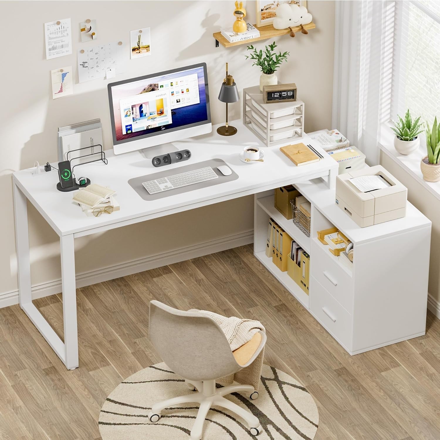 55 Inch L Shaped Desk White Finish For Home Office