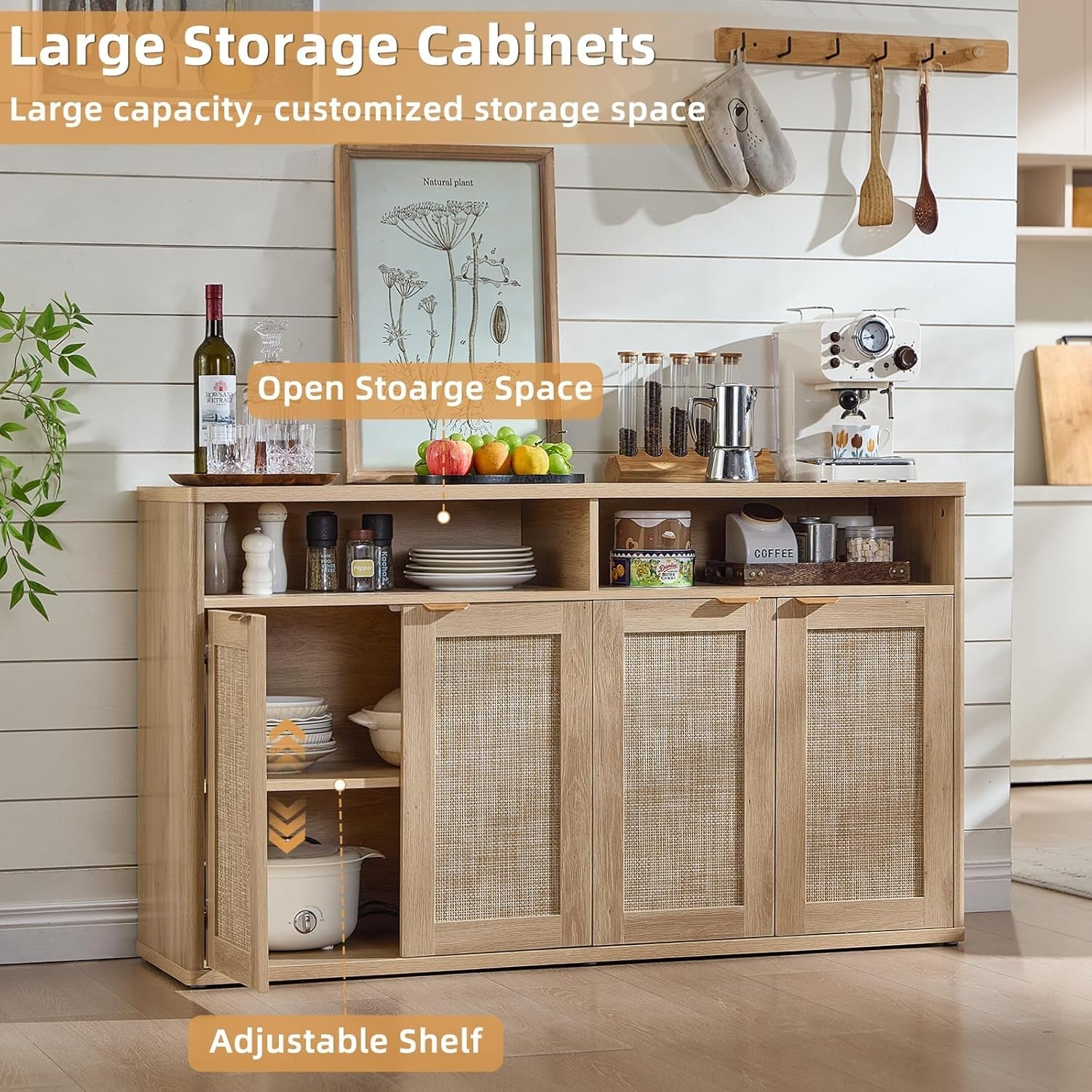 55 Inch Rattan Sideboard Buffet Cabinet With Four Doors Natural Finish
