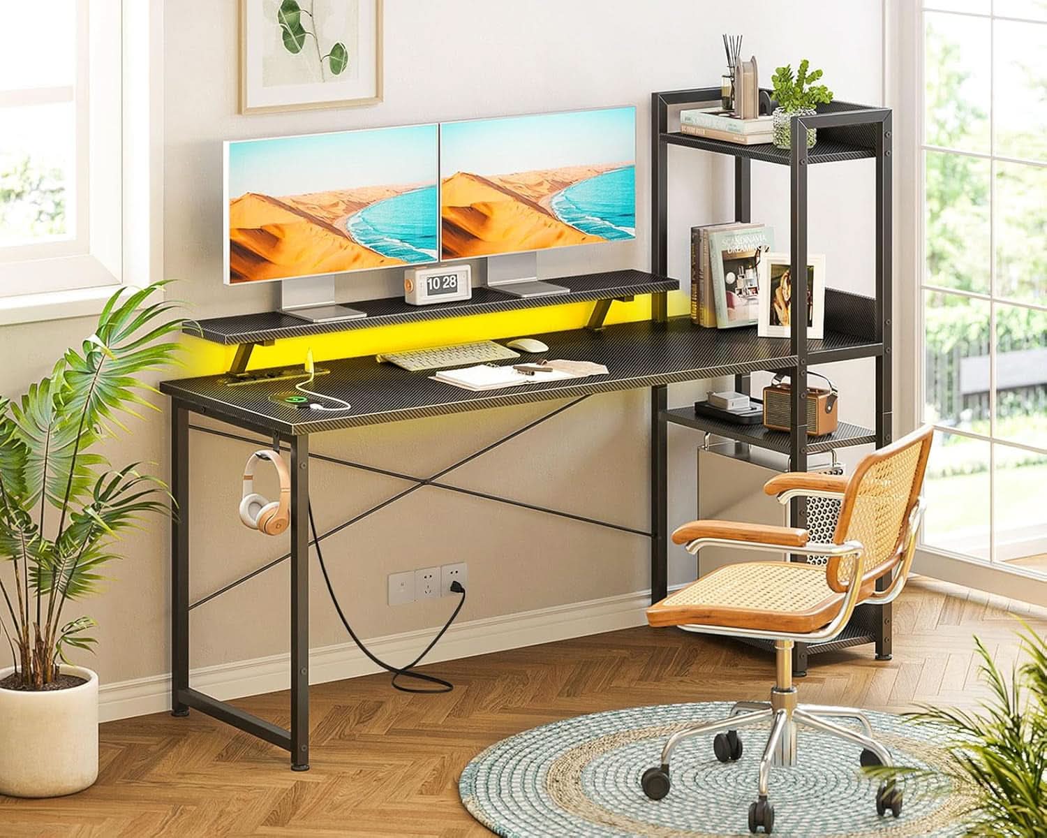 55 Inch Reversible Gaming Desk USB Charging LED Lights
