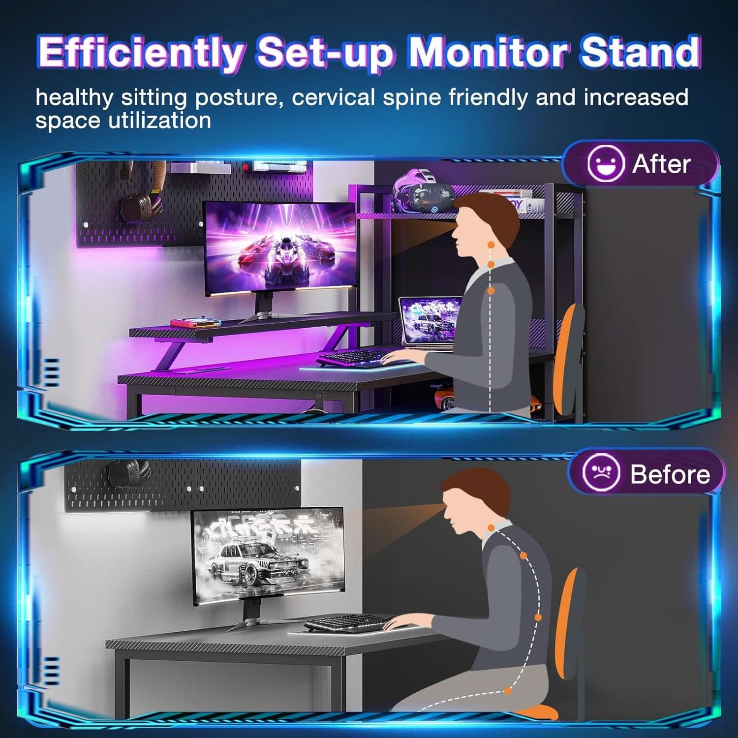 55 Inch Reversible Gaming Desk USB Charging LED Lights