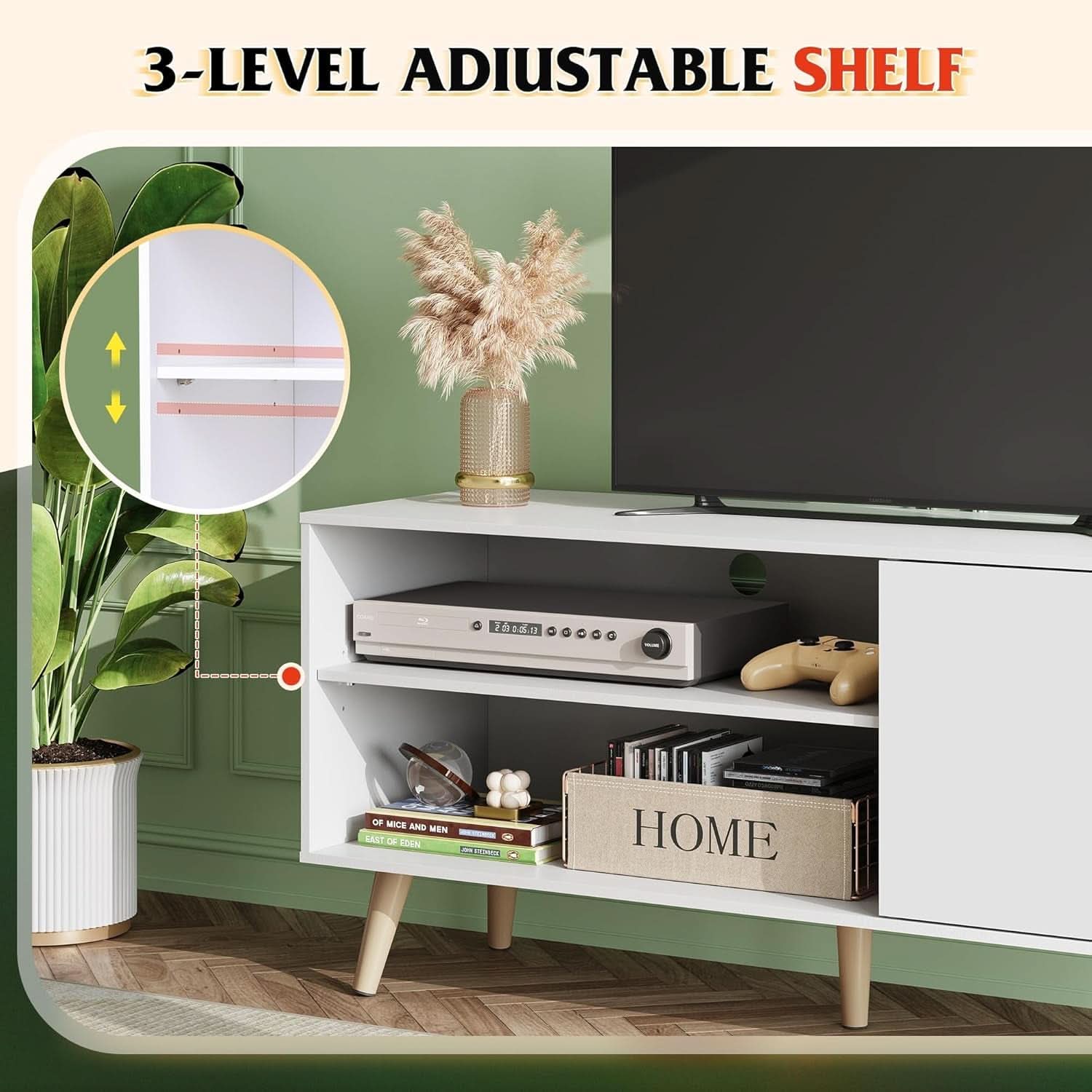 55-Inch TV Stand White Mid-Century Modern Storage Shelves