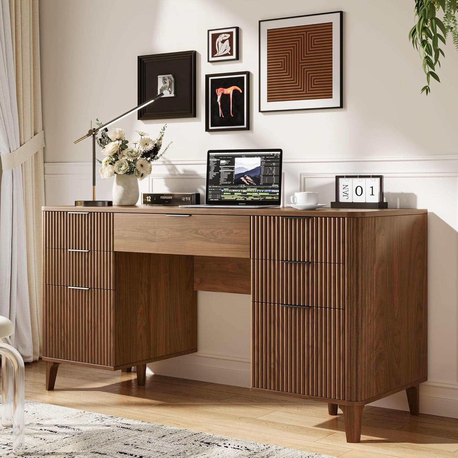 55 Inch Walnut Finish Executive Desk With Charging Port Unit