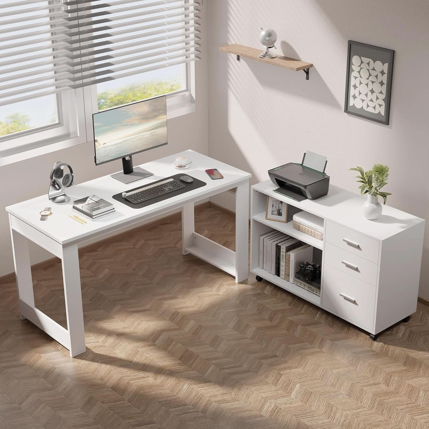 55 Inch White L Shaped Desk With Storage Drawers Shelves