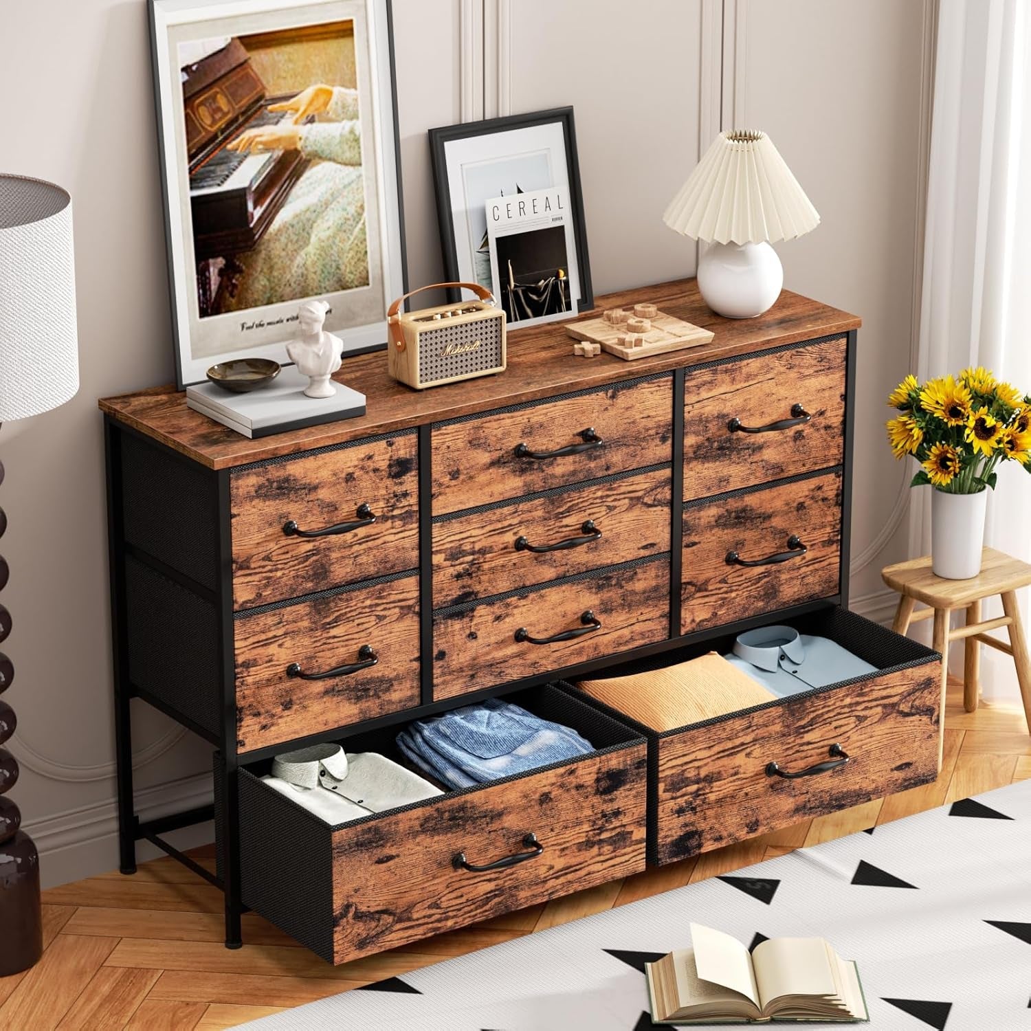55 Inch Wide Dresser With 9 Large Drawers Rustic Brown TV Stand