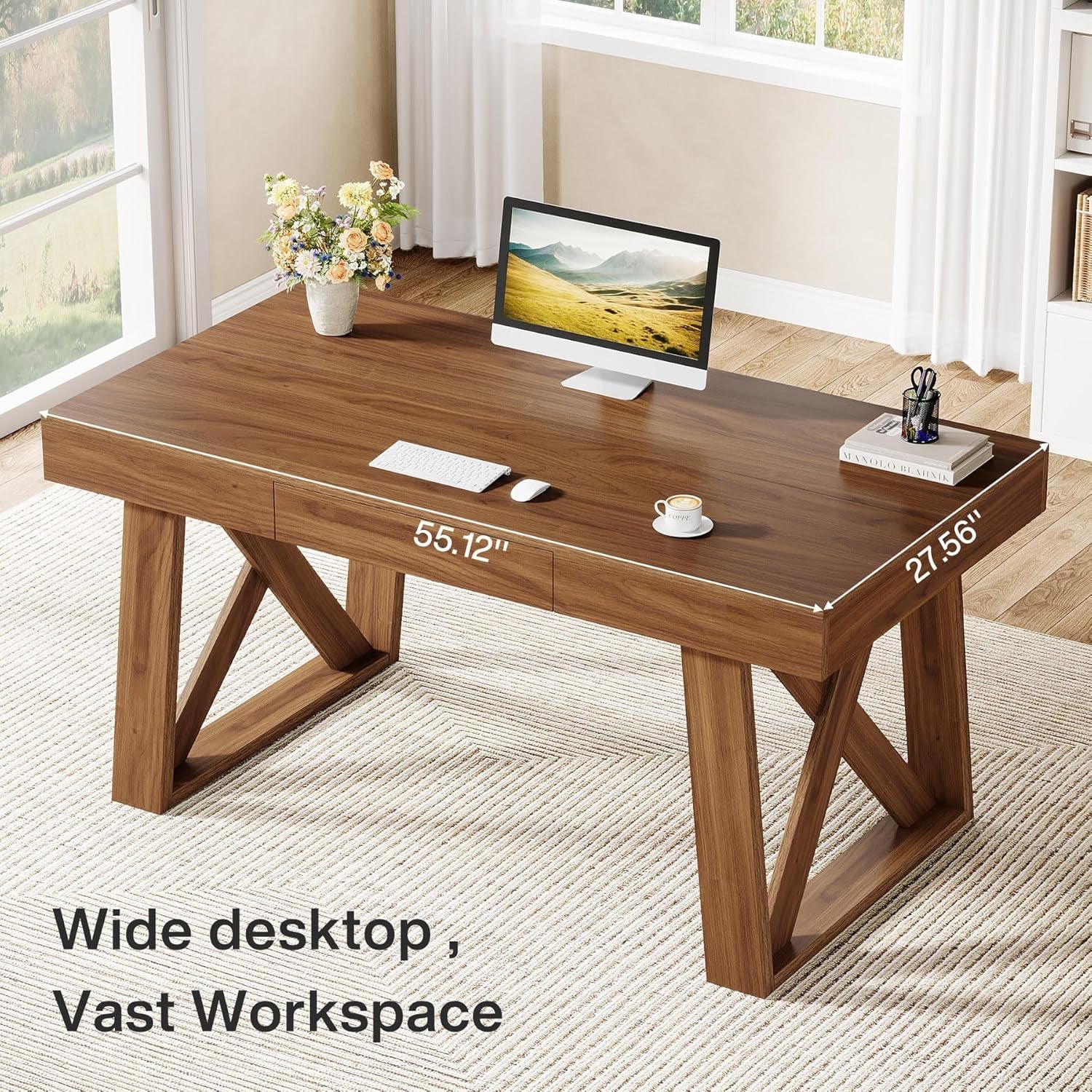 55 Inch Wide Walnut Finish Distressed Executive Desk