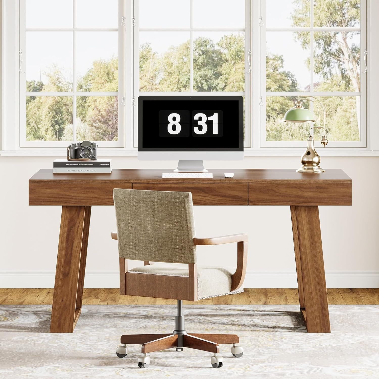 55 Inch Wide Walnut Finish Distressed Executive Desk
