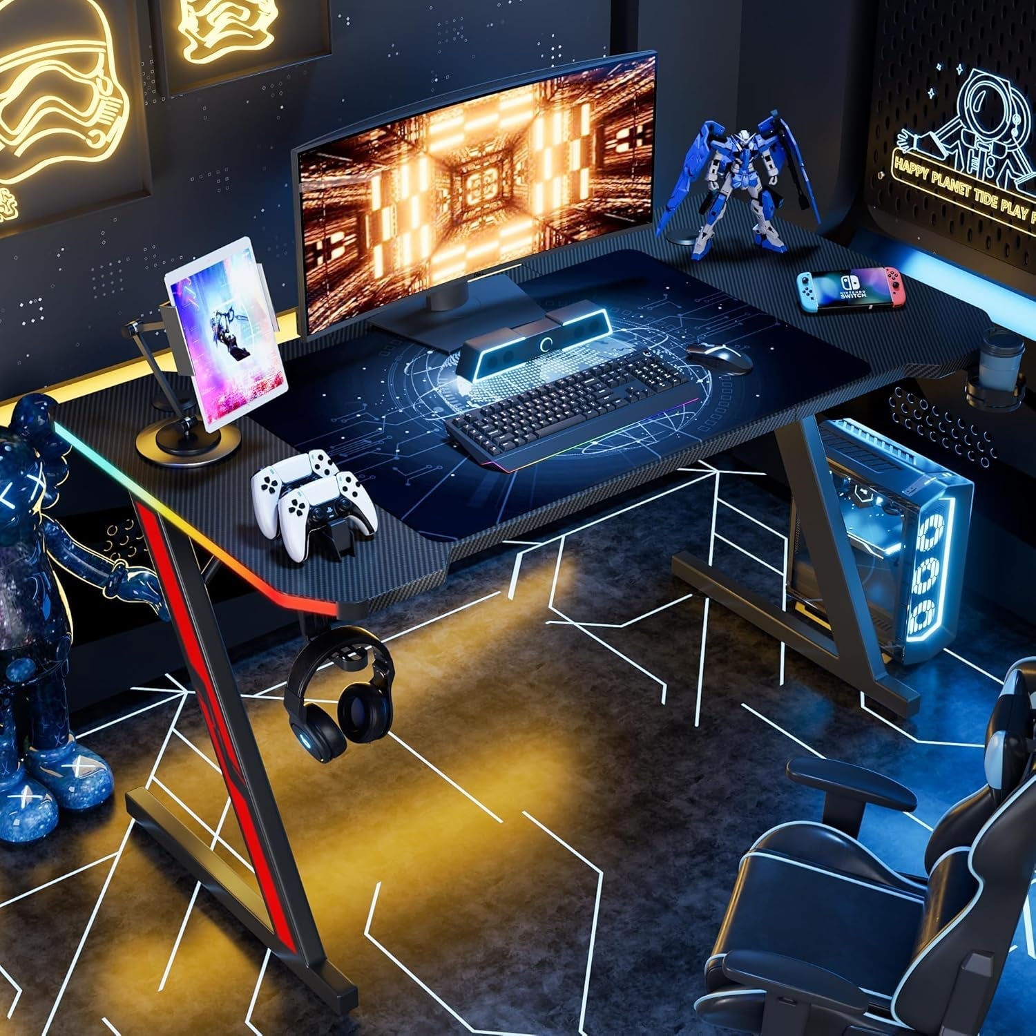 55 Inch Z Shaped Gaming Desk With Carbon Fiber Surface