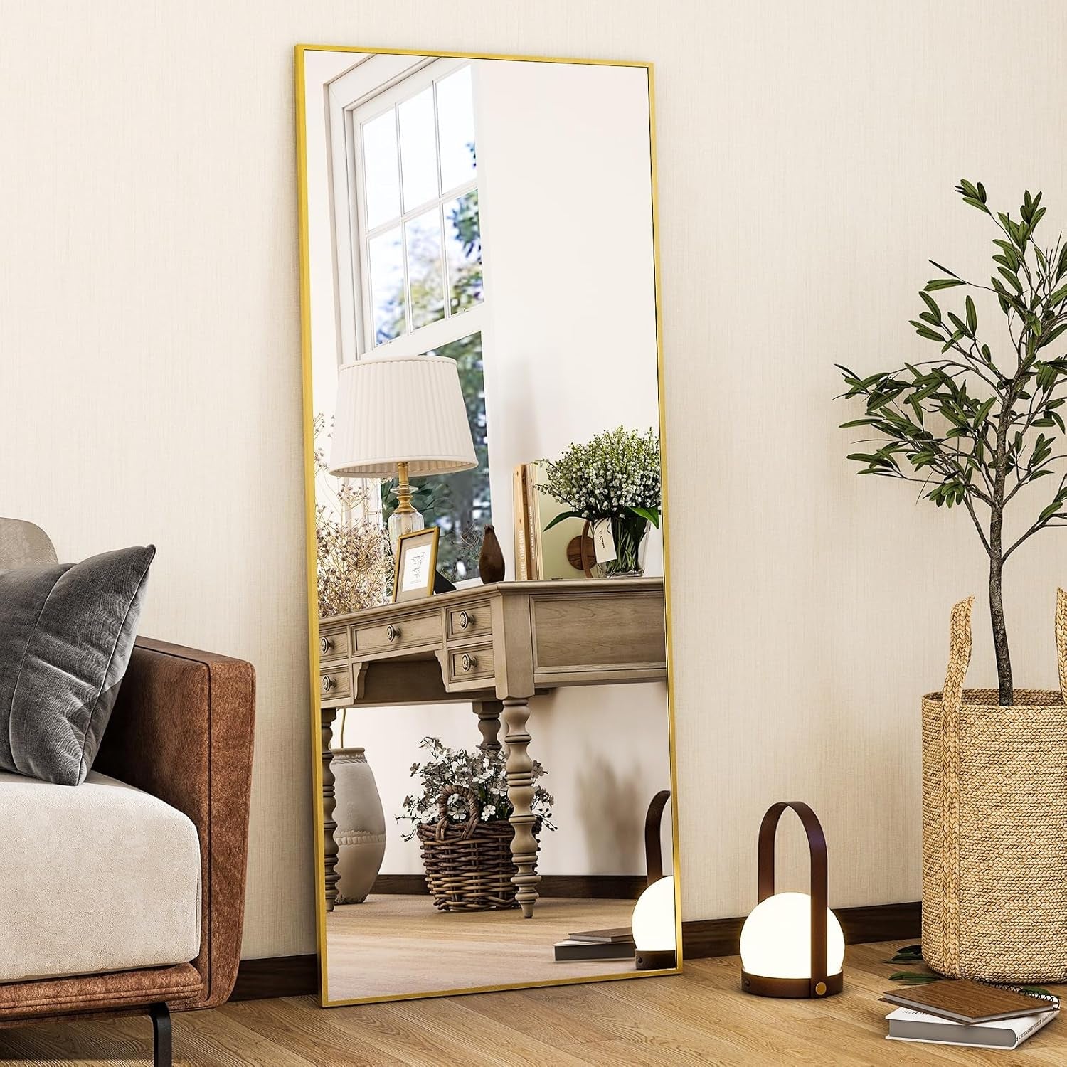 56 Inch Gold Full Length Floor Mirror With Stand Wall Mount