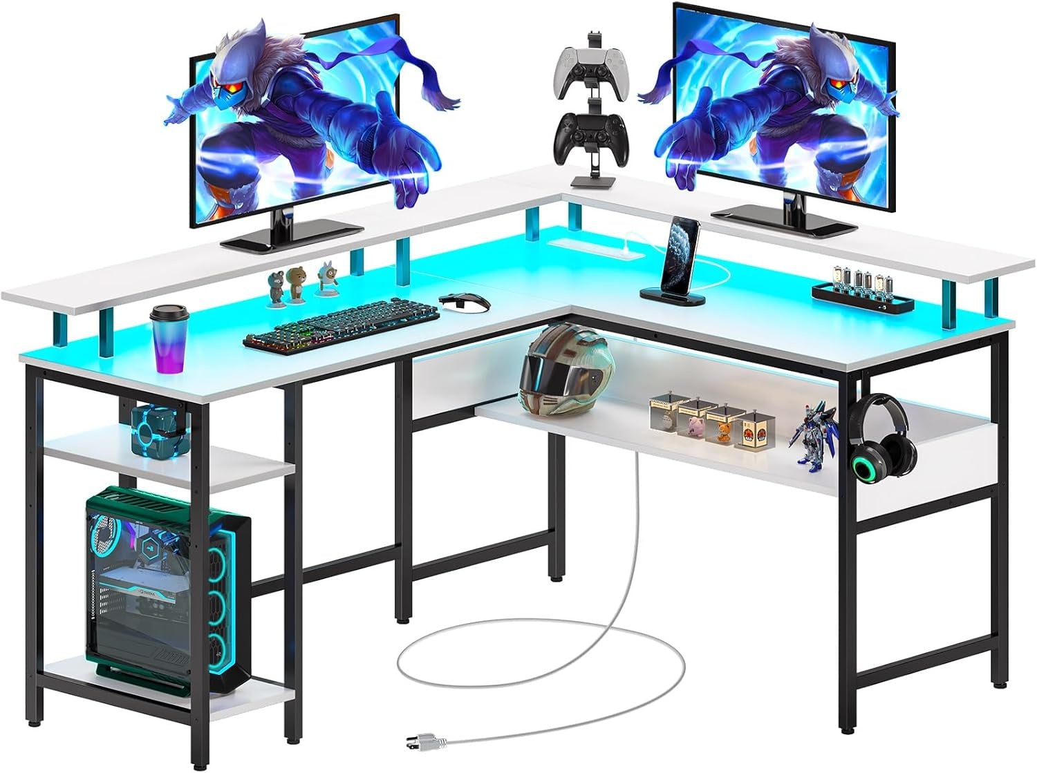 56.7 Inch L Shaped Desk With LED Lights And USB Port