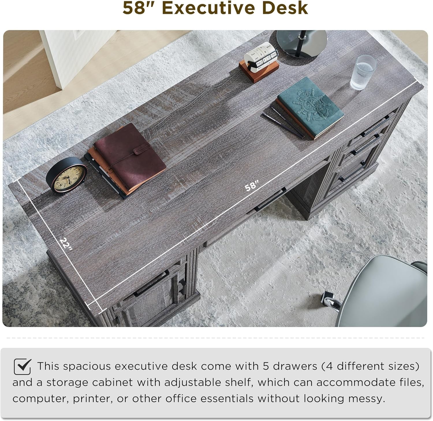 58 Inch Executive Desk Weatherworn Grey With Drawers And Cabinet