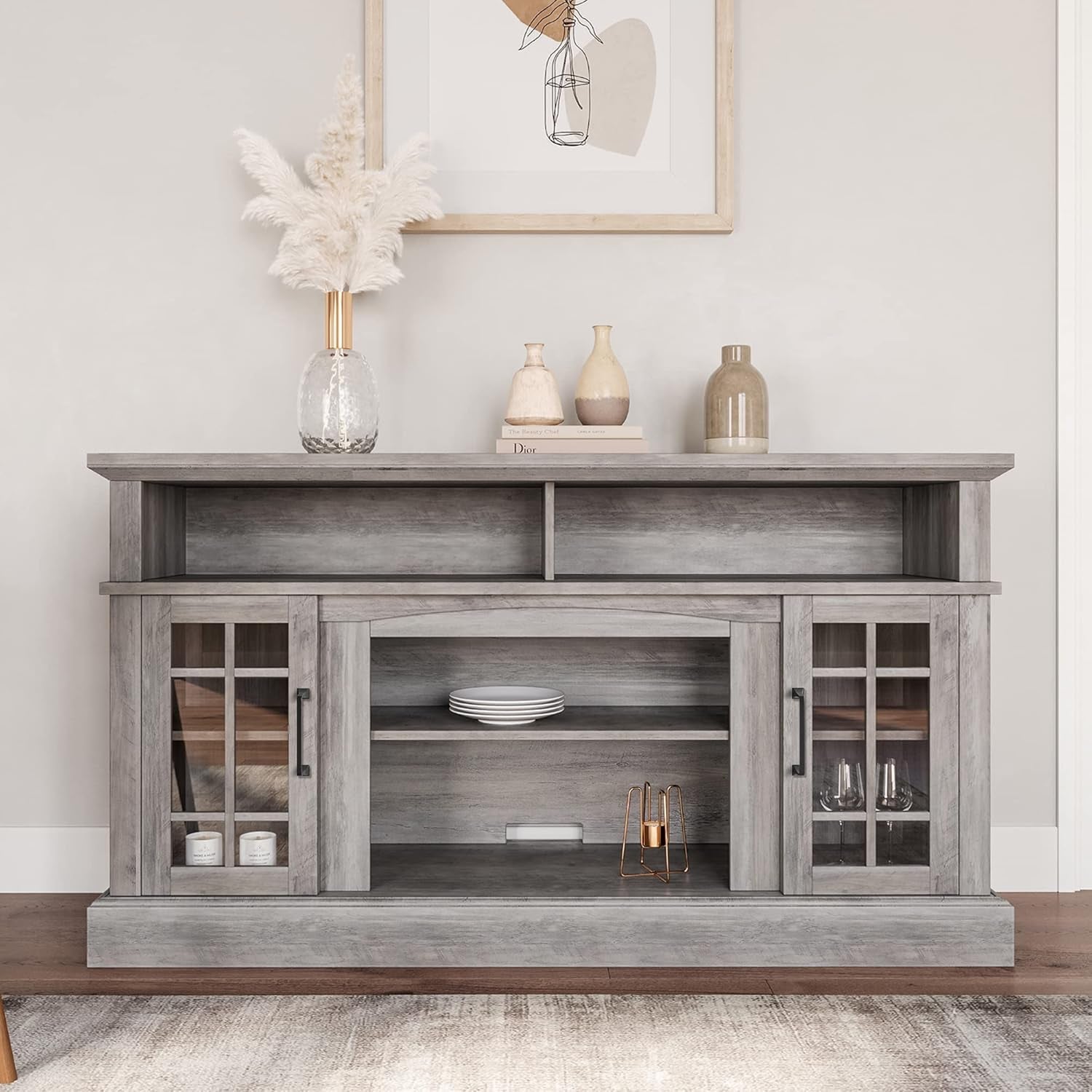 58 Inch Gray Wood TV Stand With Storage Open Shelves
