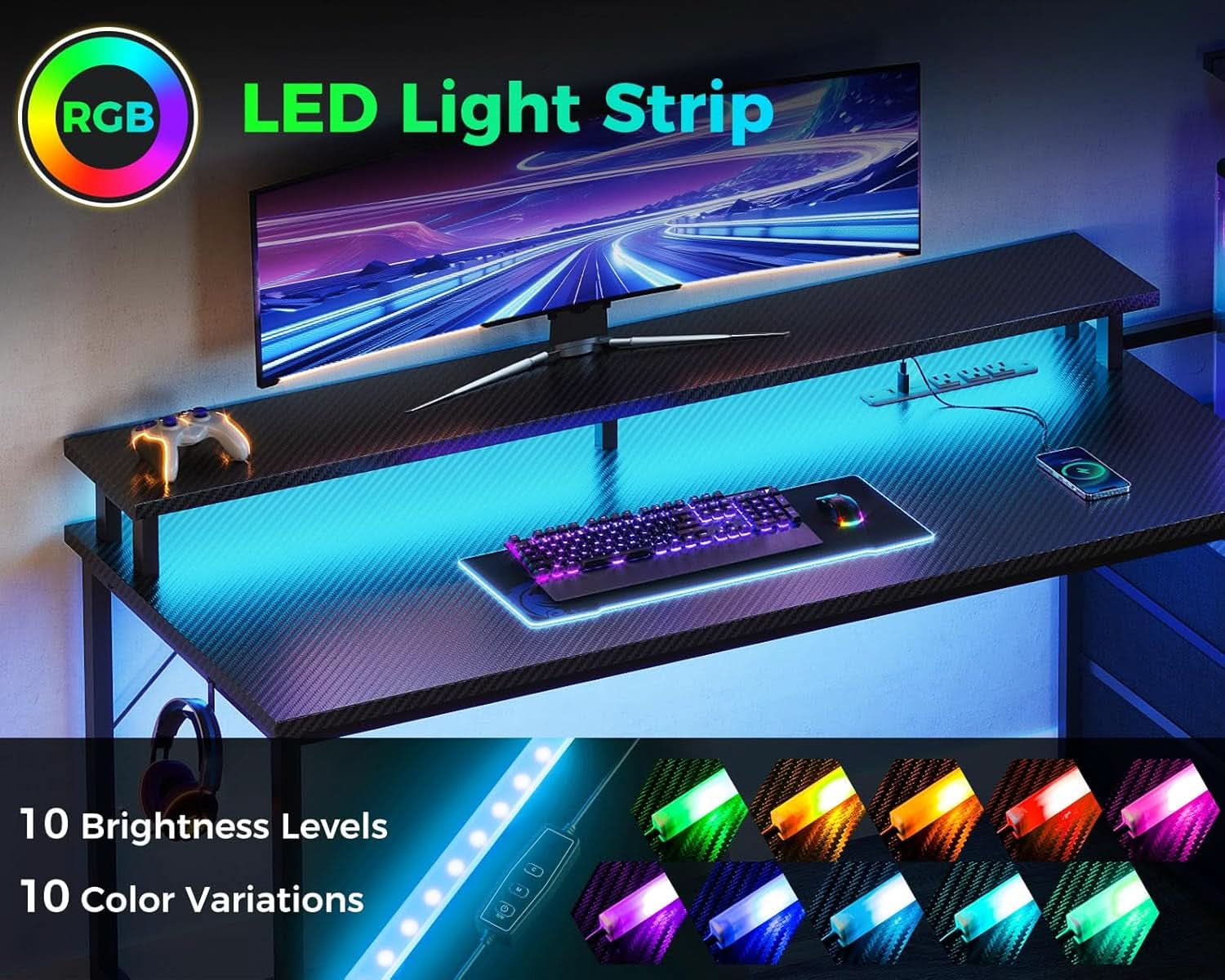 59 Inch Gaming Desk With USB Ports And LED Lighting