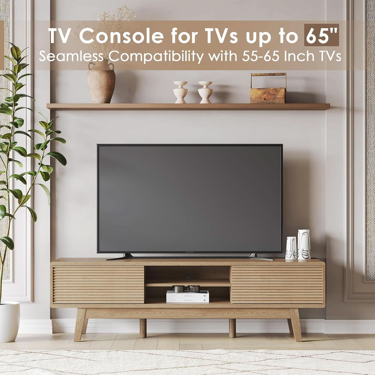 59 Inch Mid Century Modern TV Console Fluted Doors