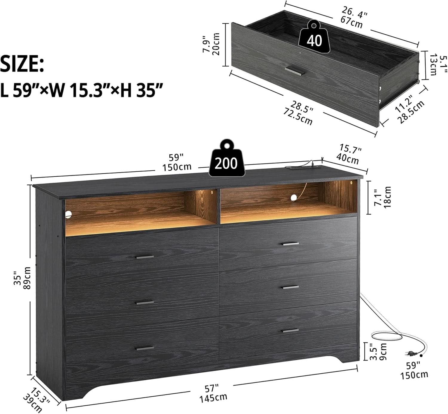 59Inch Black Dresser Featuring LED Lighting USBPorts