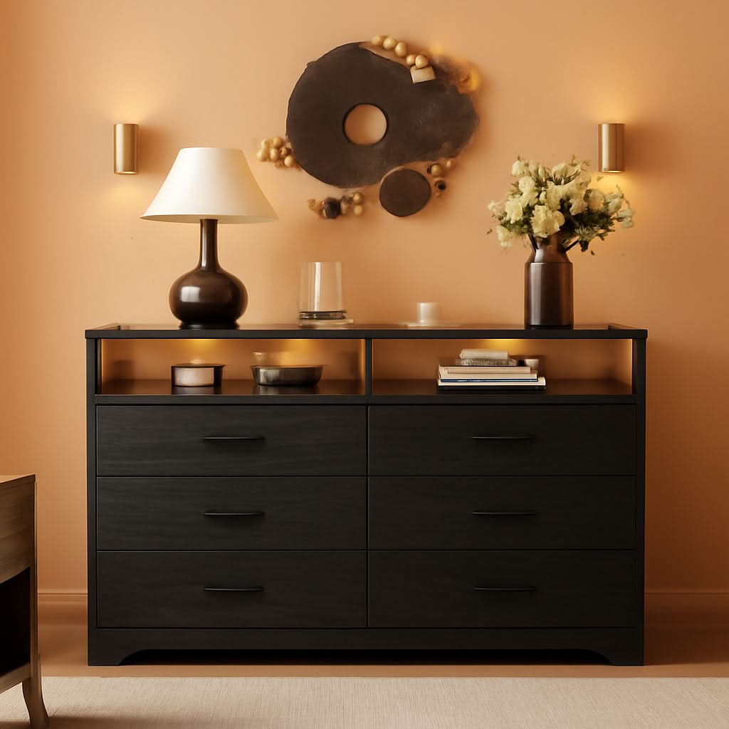 59Inch Black Dresser Featuring LED Lighting USBPorts