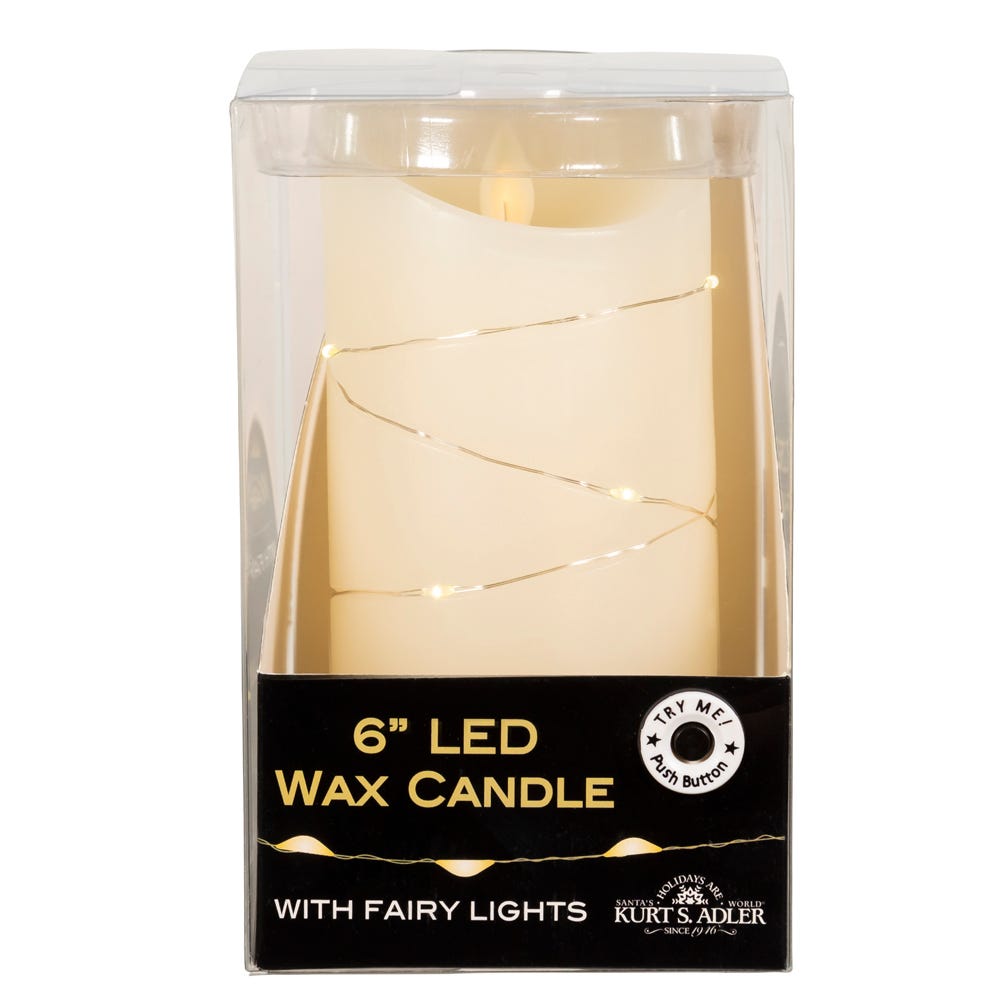 6" Battery Operated Flicker Flame White Candle With Fairy Lights