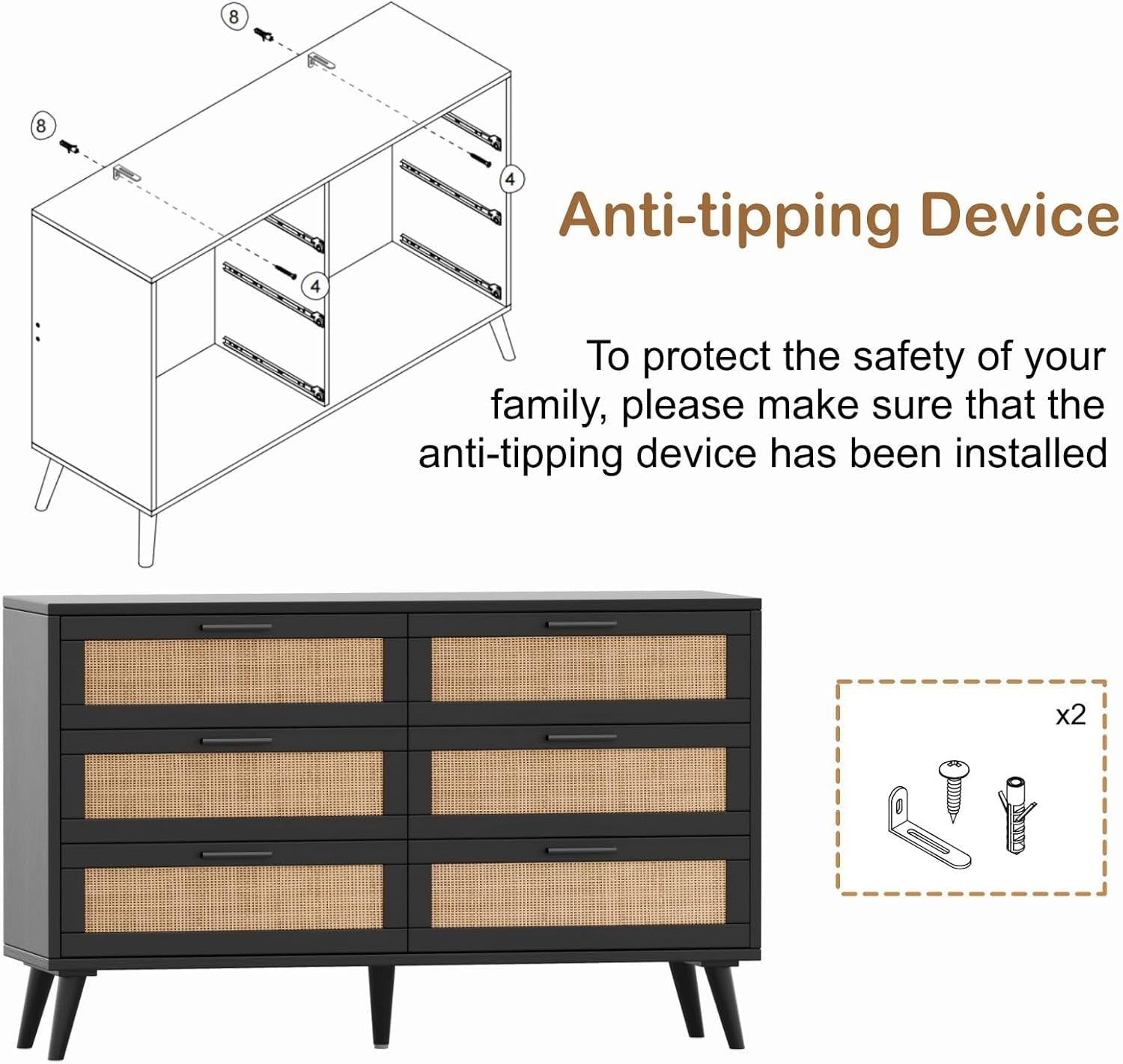 6 Drawer Dresser With Rattan Accents In Black And Natural
