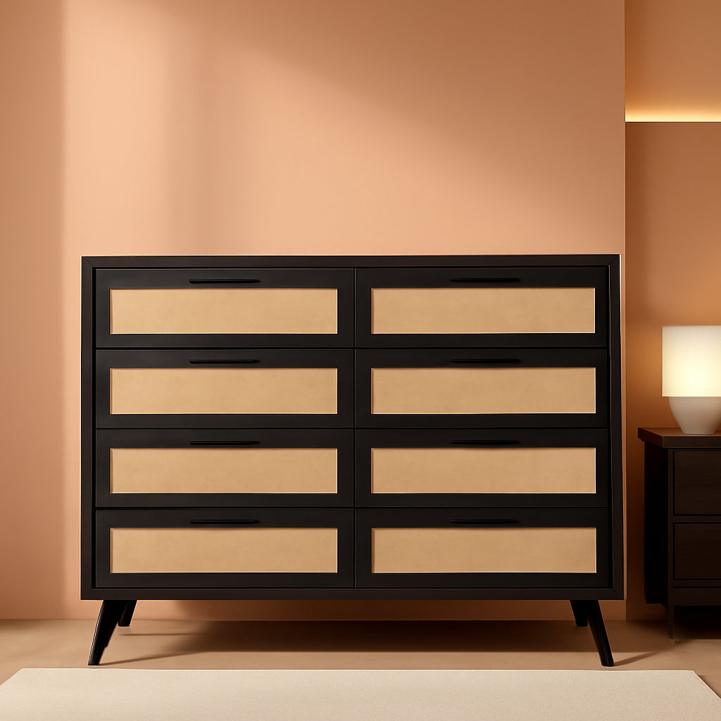 6 Drawer Dresser With Rattan Accents In Black And Natural
