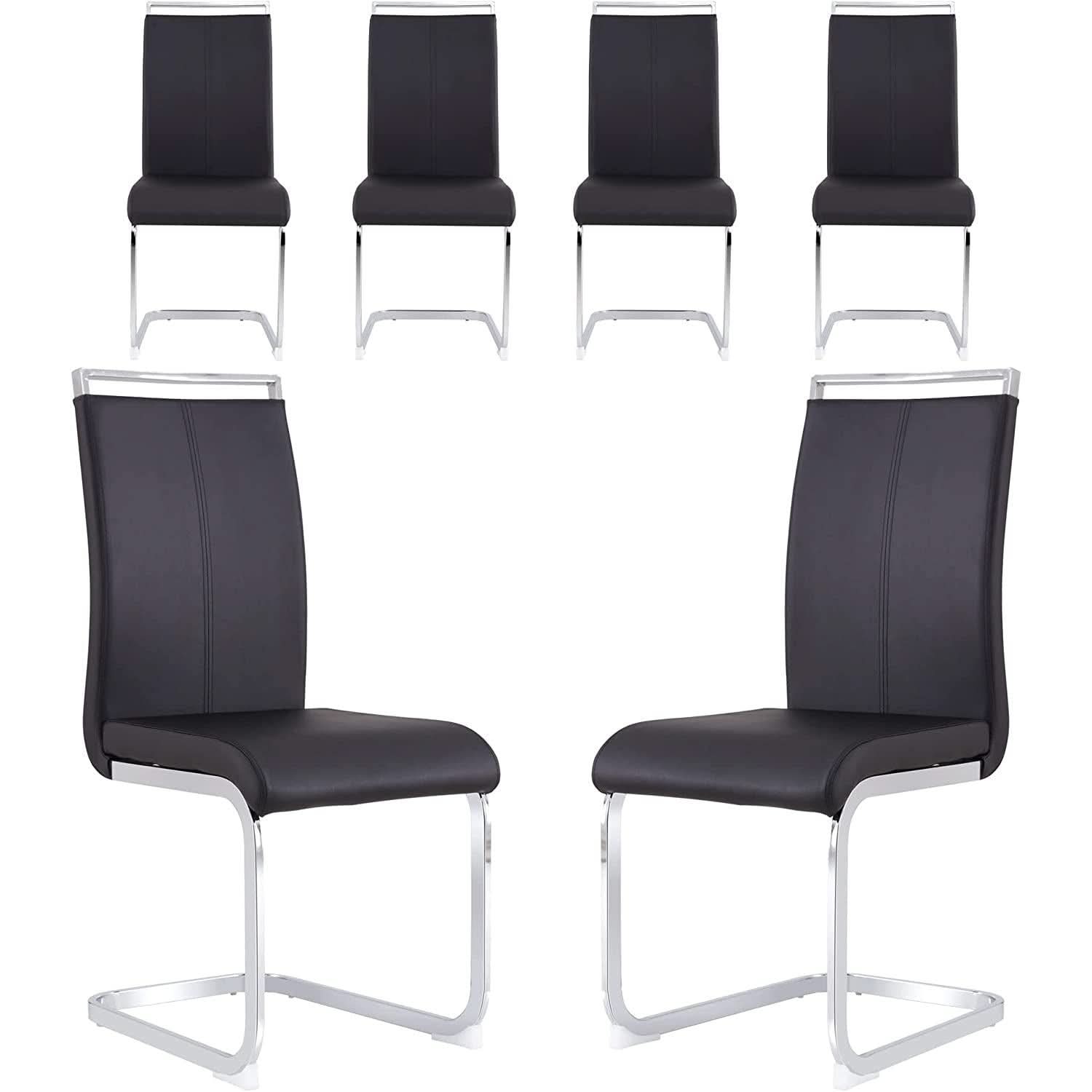 6 Piece Black PU Leather Dining Chairs With Metal Legs