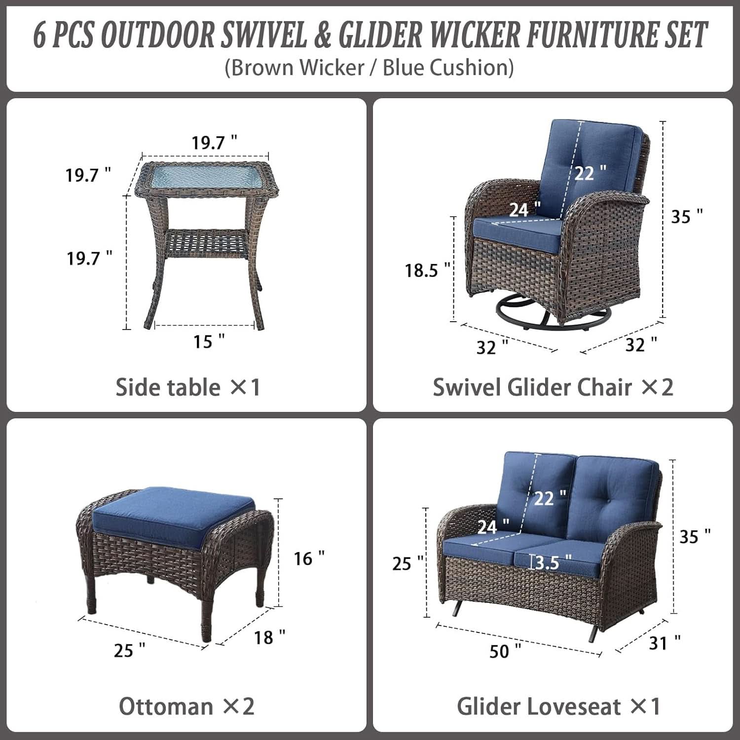 6 Piece Patio Conversation Set Brown Wicker Blue Cushions