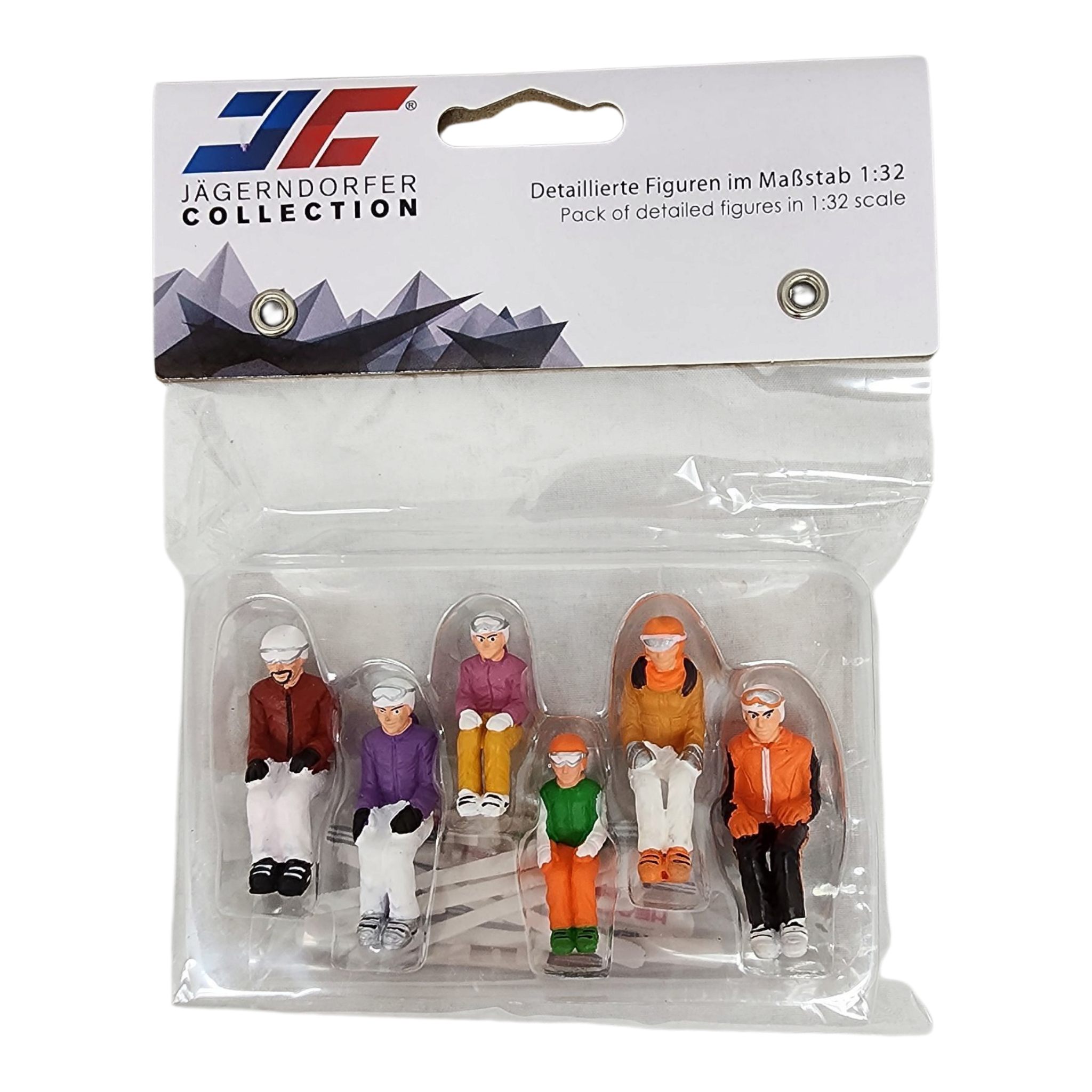 6 Piece sitting figurines with Skis - Orange/Purple