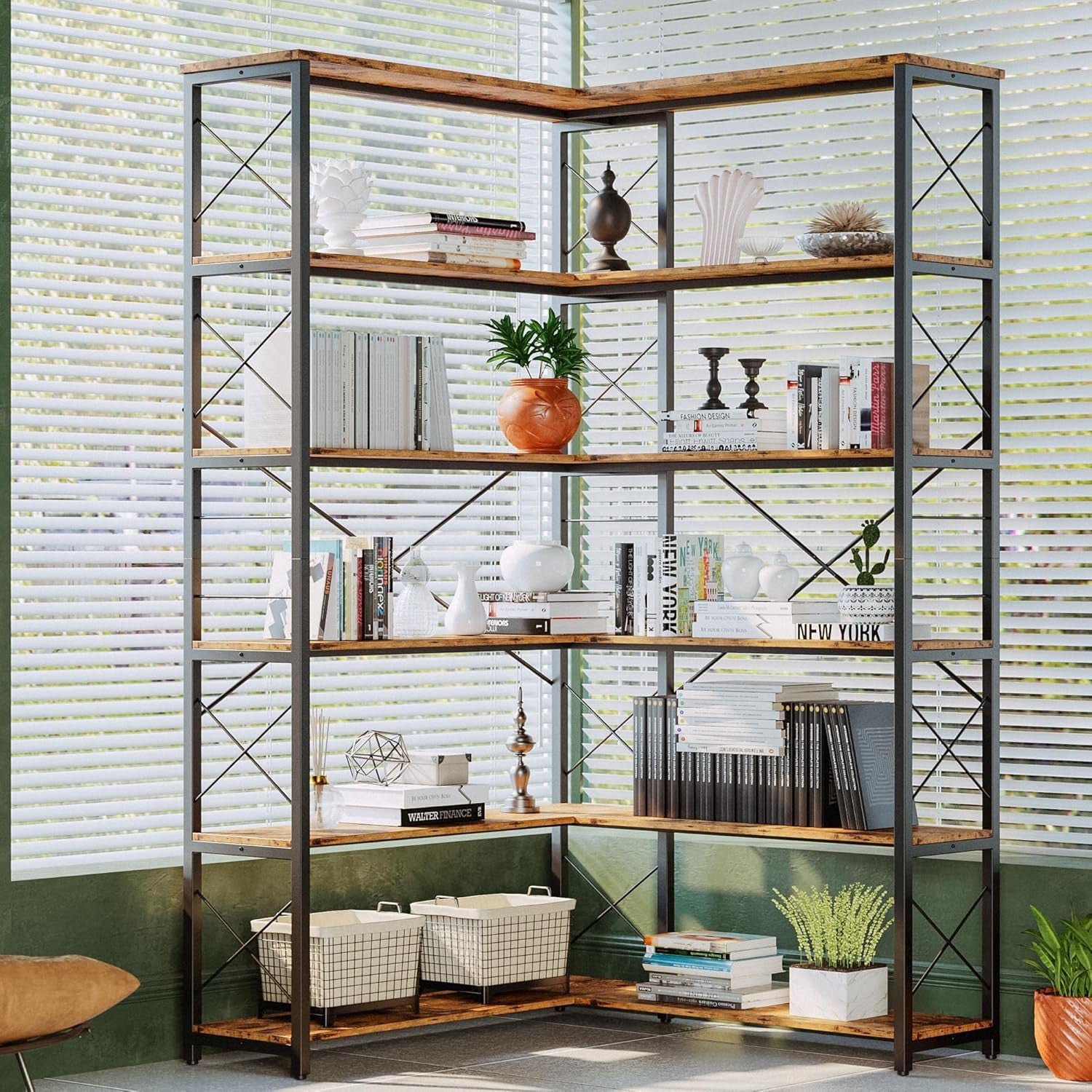 6 Shelf Corner Bookcase With Metal Frame Vintage Industrial