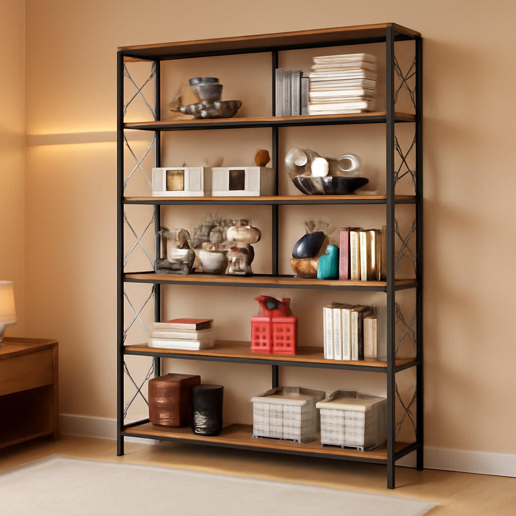 6 Shelf Corner Bookcase With Metal Frame Vintage Industrial