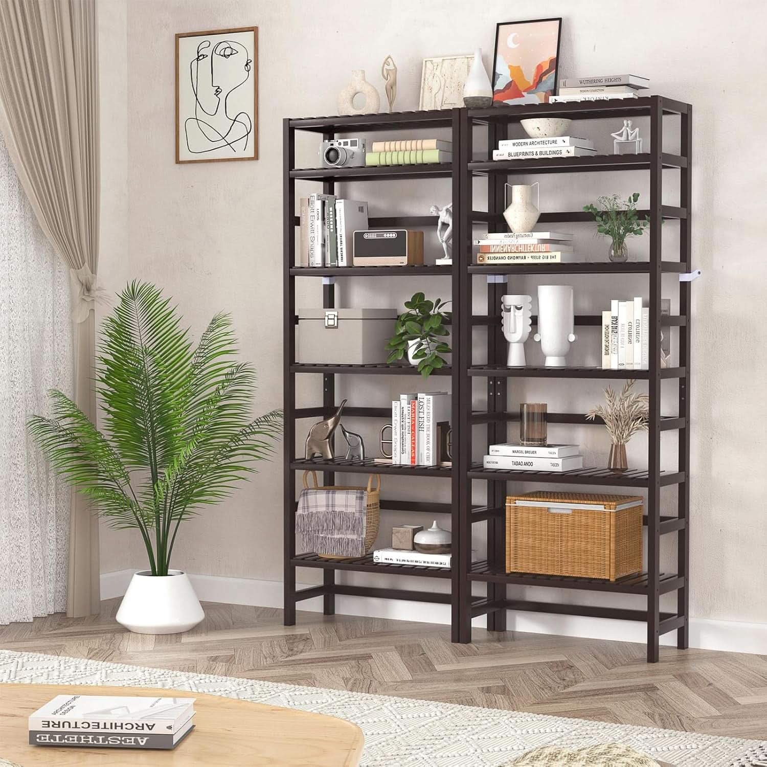 6-Tier Bamboo Bookcase Espresso 63.4 Inch Tall Freestanding Shelf
