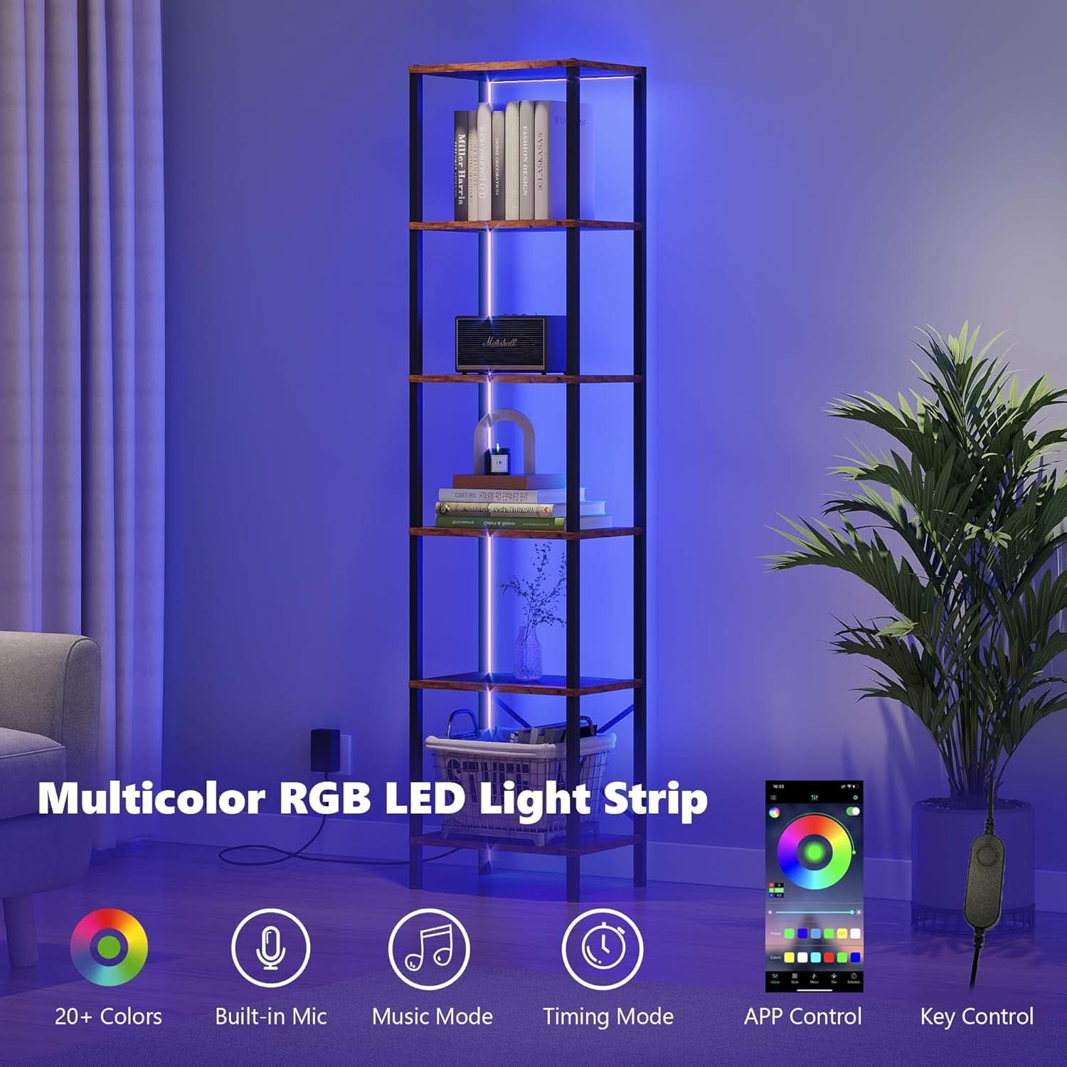 6 Tier Bookshelf With LED Lights In Rustic Brown Living Room