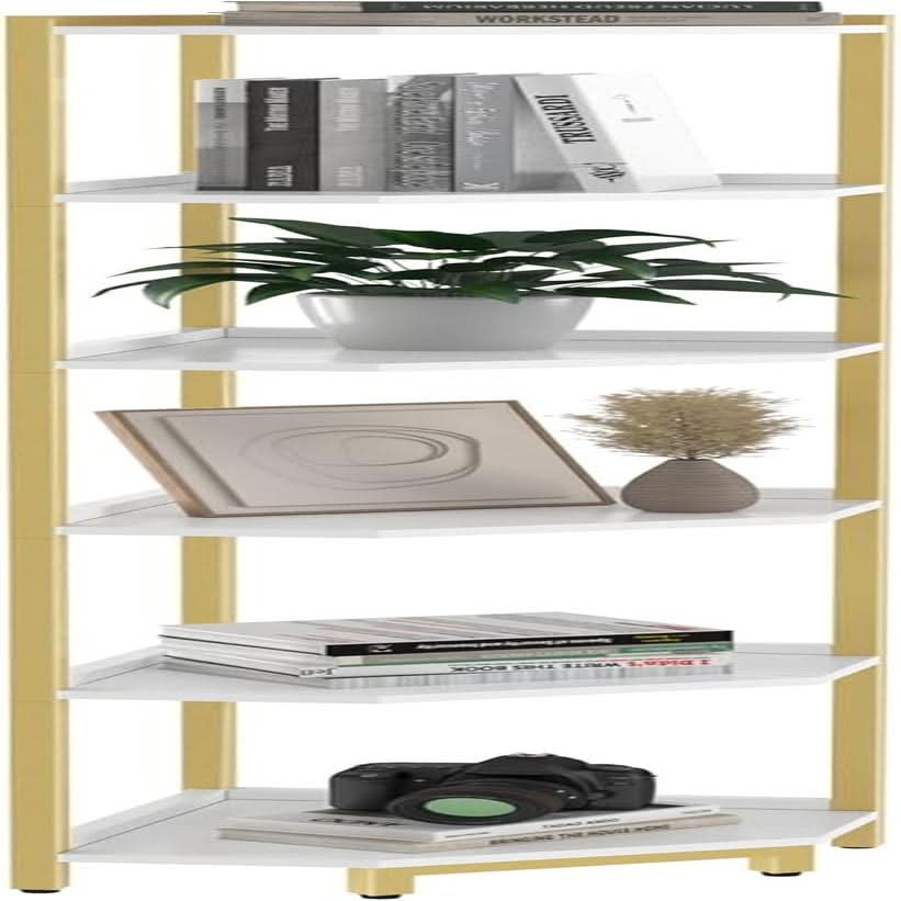 6-Tier Corner Shelf Stand White Gold Finish For Living Room