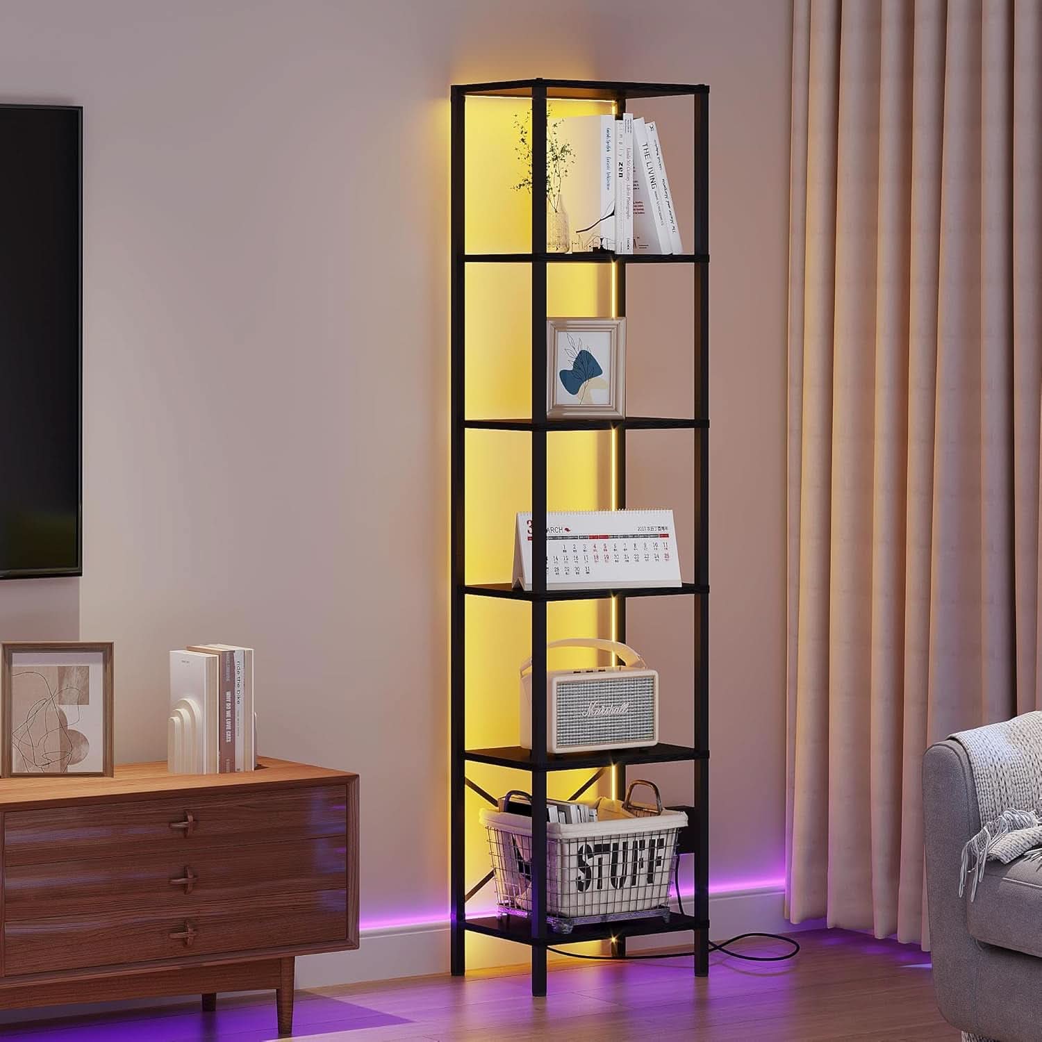 6 Tier LED Bookshelf Black Tall Narrow Living Room Display