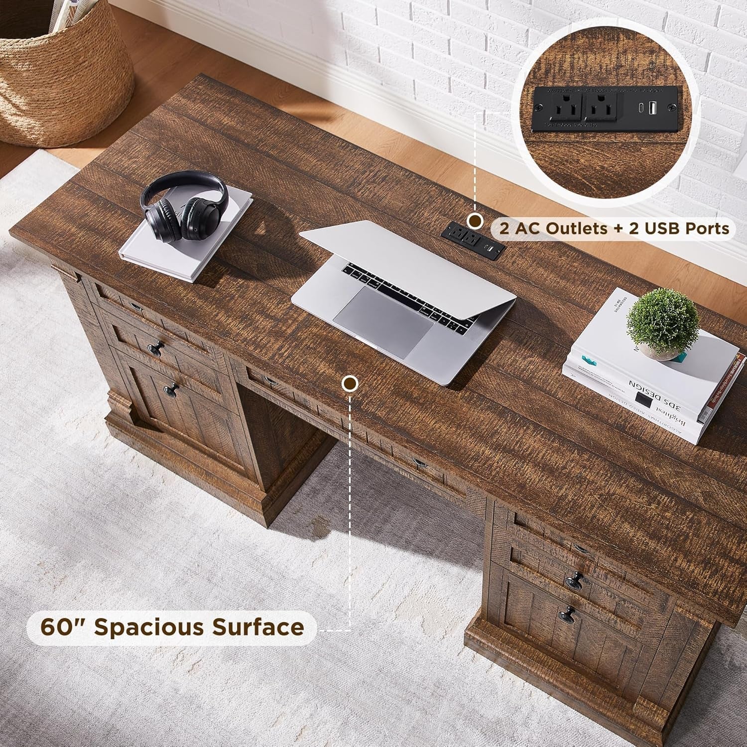 60 Inch Farmhouse Executive Desk With Charging Station