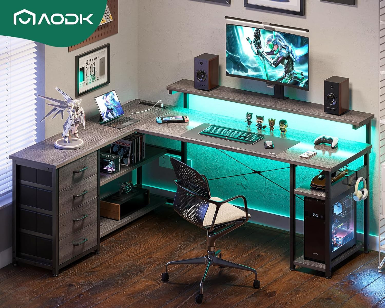 61 Inch L Shaped Desk With LED Lights And USB Outlets Gray