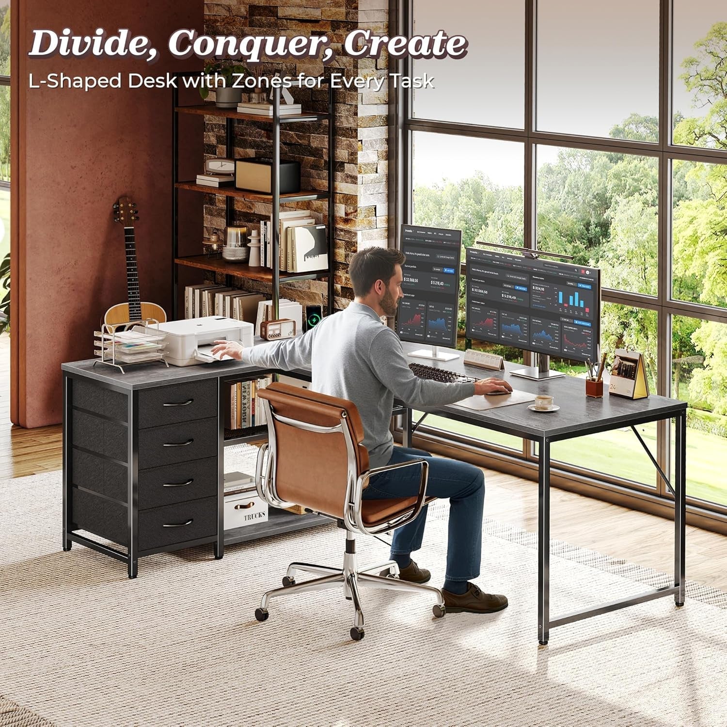 61 Inch L Shaped Desk With Power Outlets And USB C Port
