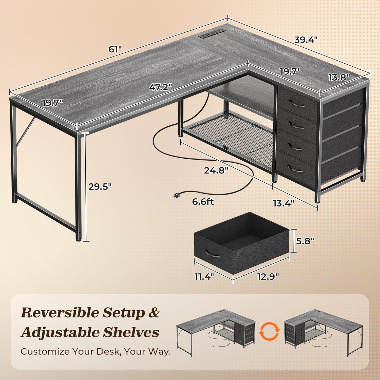 61 Inch L Shaped Desk With Power Outlets And USB C Port