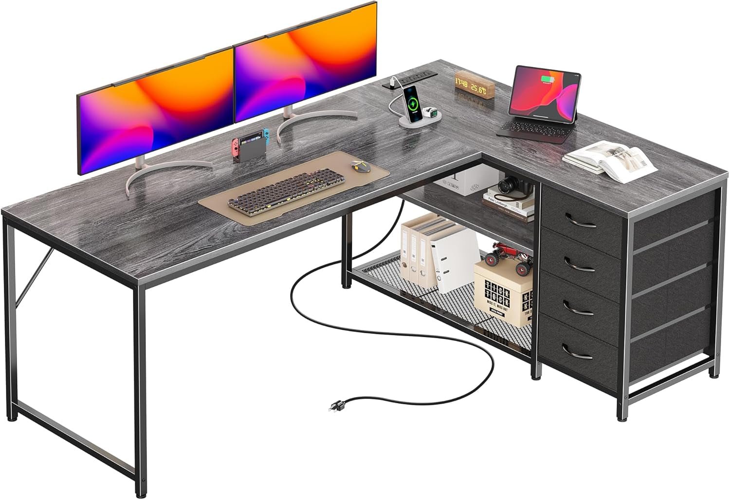 61 Inch L Shaped Desk With Power Outlets And USB C Port