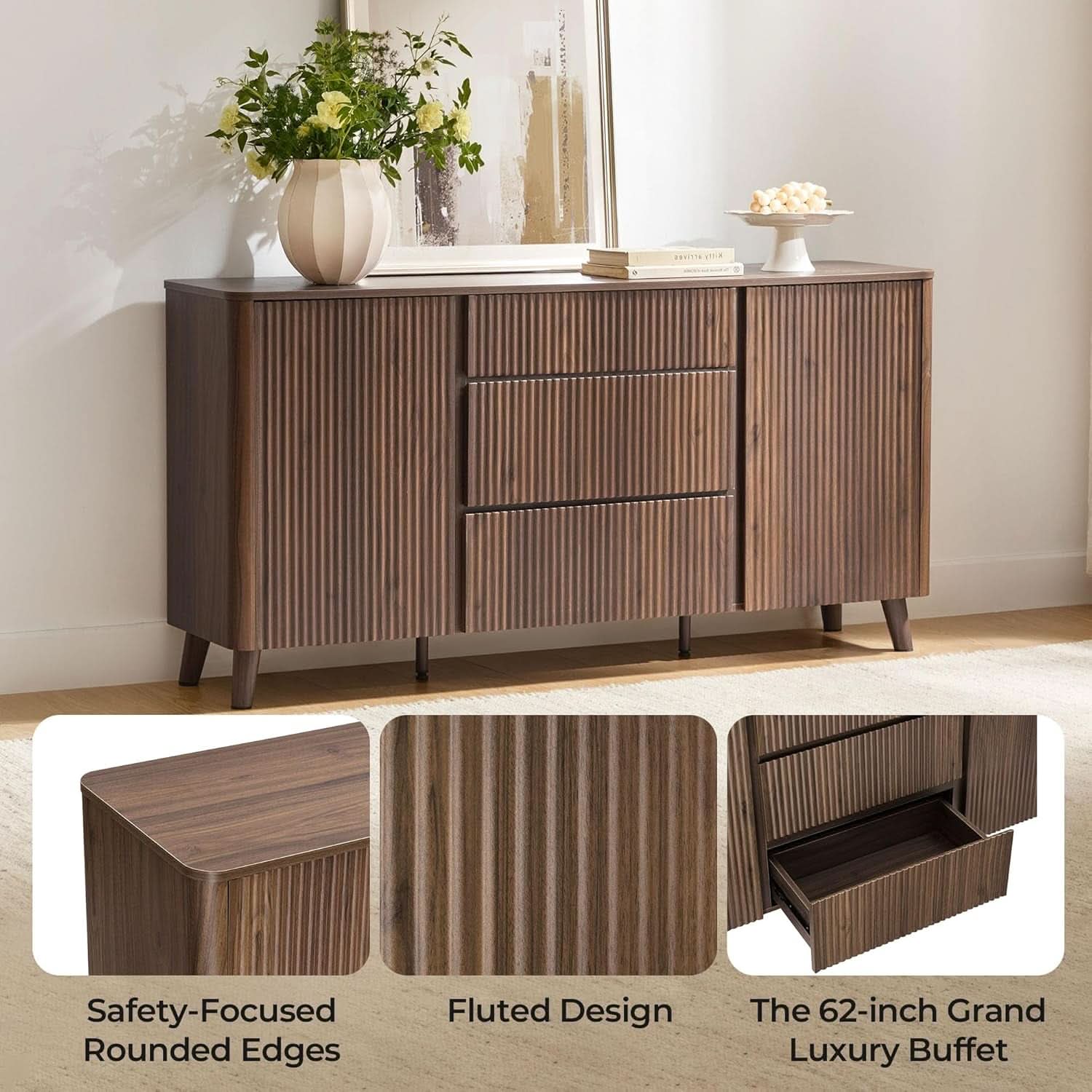 62 Inch Walnut Sideboard Buffet With Adjustable Shelves